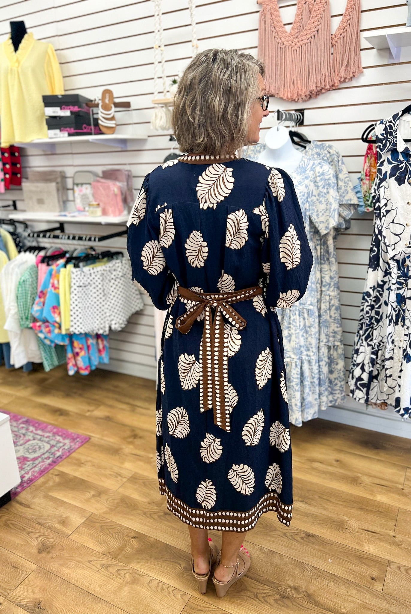 Navy Leaf Print Midi Dress with Tie Belt - A'Bekah's Boutique
