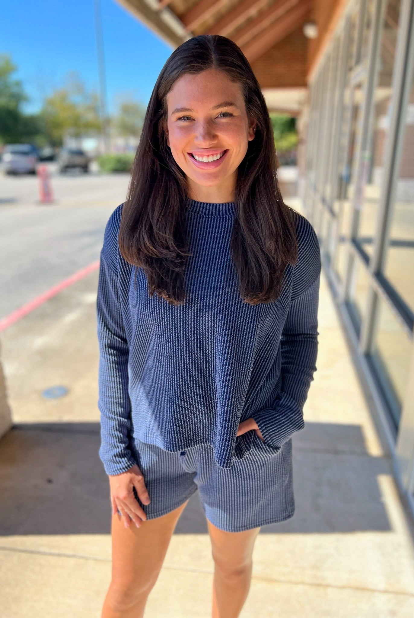 Navy Long Sleeve Ribbed Short Set - A'Bekah's Boutique