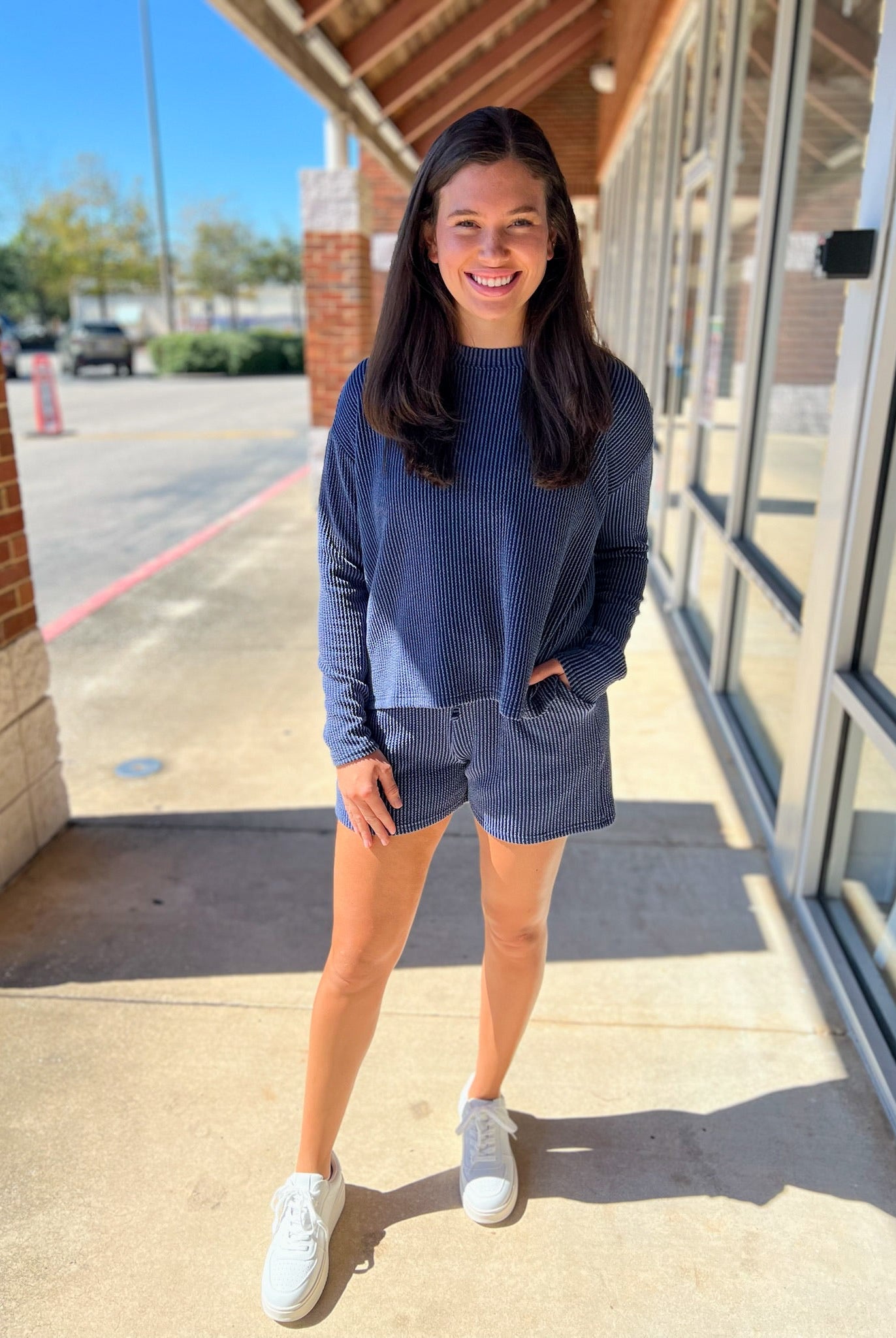 Navy Long Sleeve Ribbed Short Set - A'Bekah's Boutique