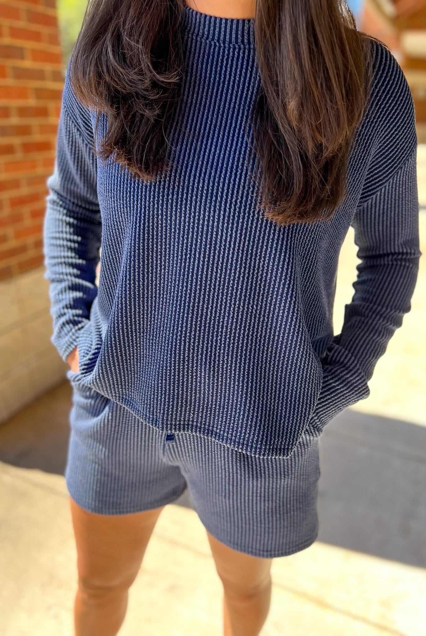 Navy Long Sleeve Ribbed Short Set - A'Bekah's Boutique