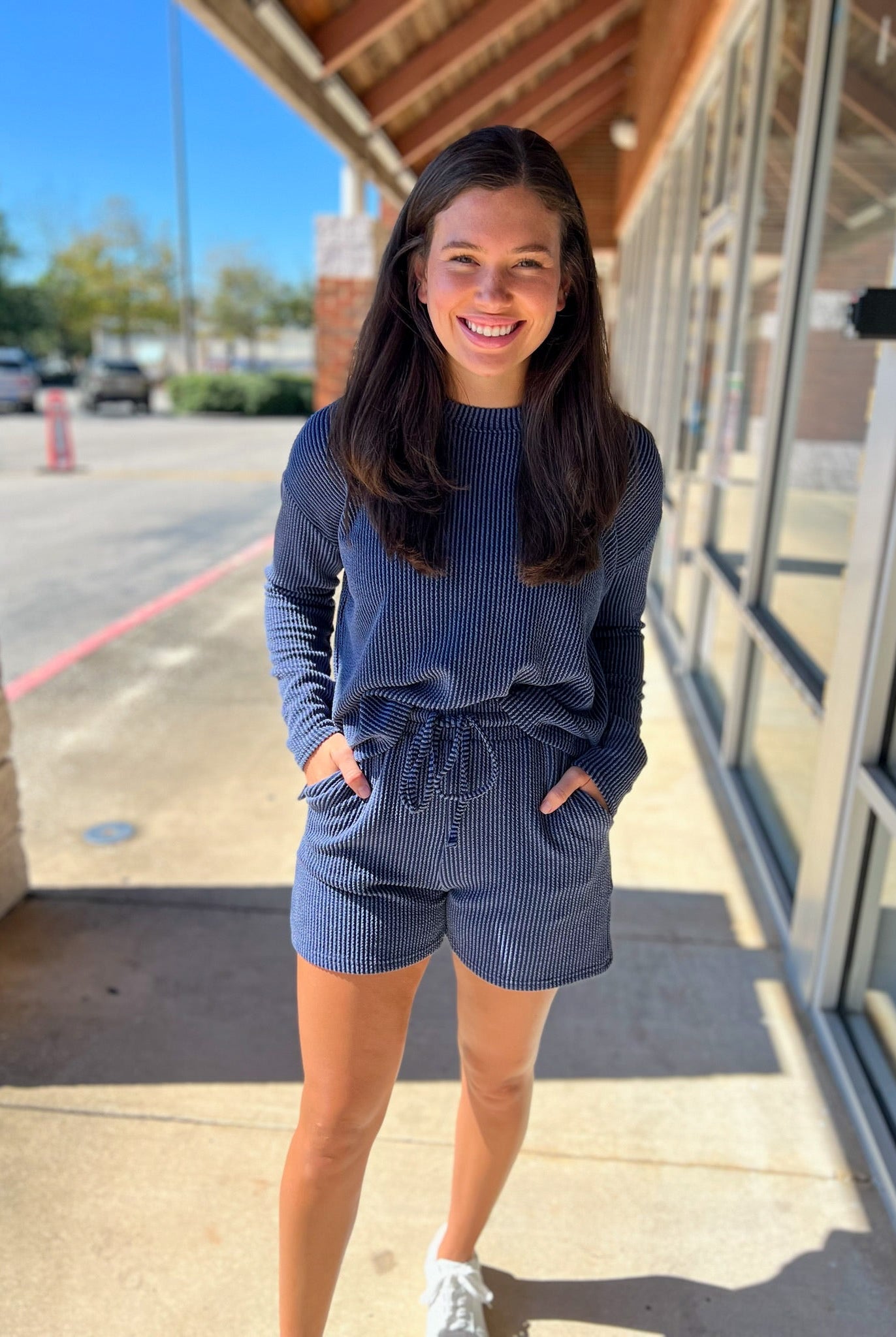 Navy Long Sleeve Ribbed Short Set - A'Bekah's Boutique