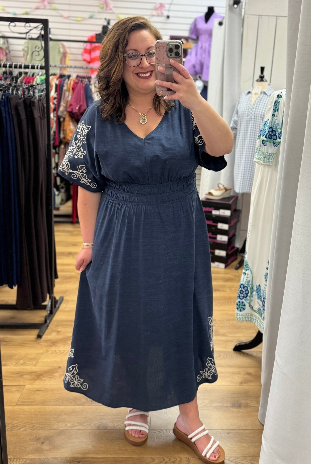 Navy Midi Dress with Short Flutter Sleeves and Embroidery Details - A'Bekah's Boutique