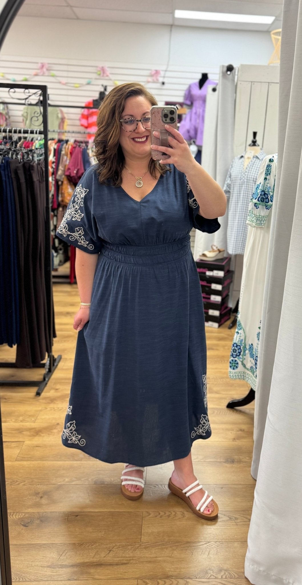 Navy Midi Dress with Short Flutter Sleeves and Embroidery Details - A'Bekah's Boutique