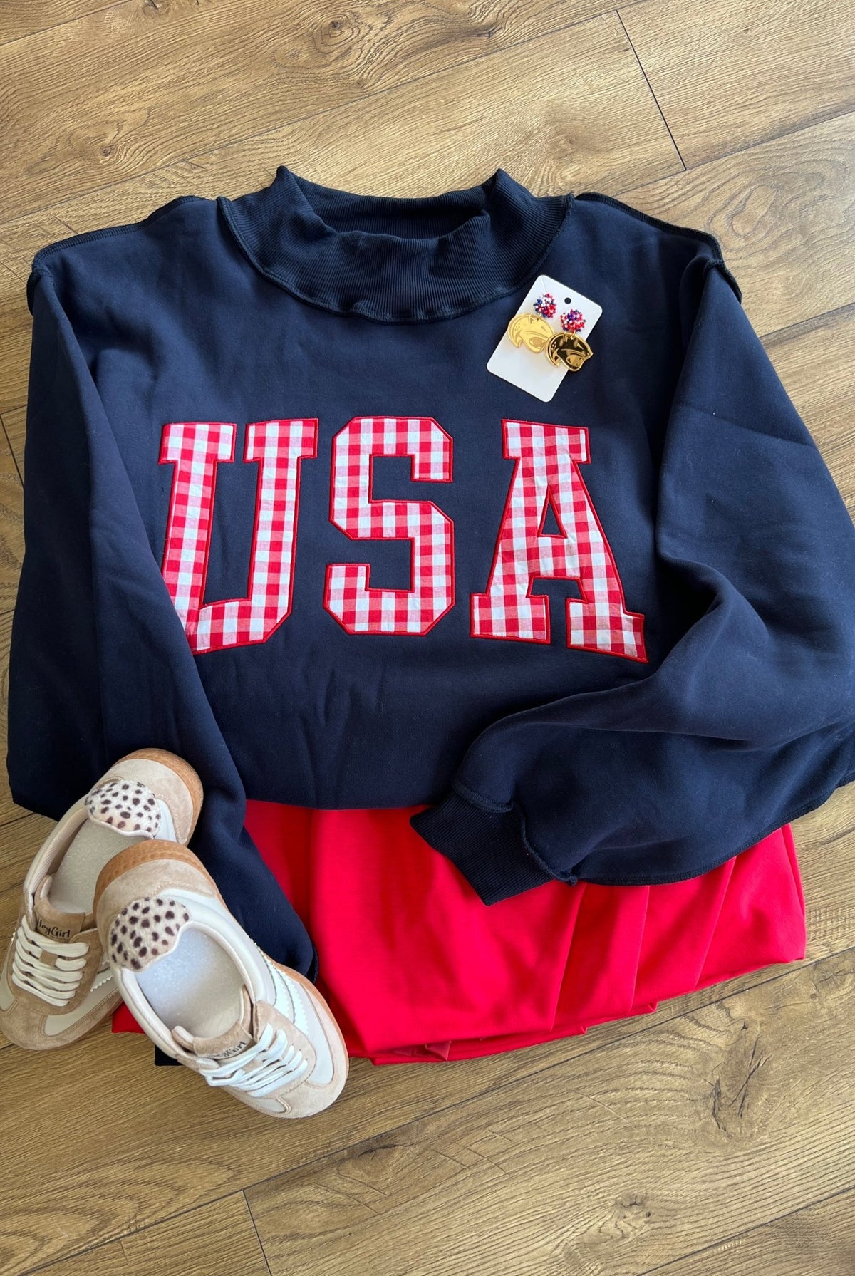 Navy Mock Neck USA Embroidered Sweatshirt - A'Bekah's Boutique