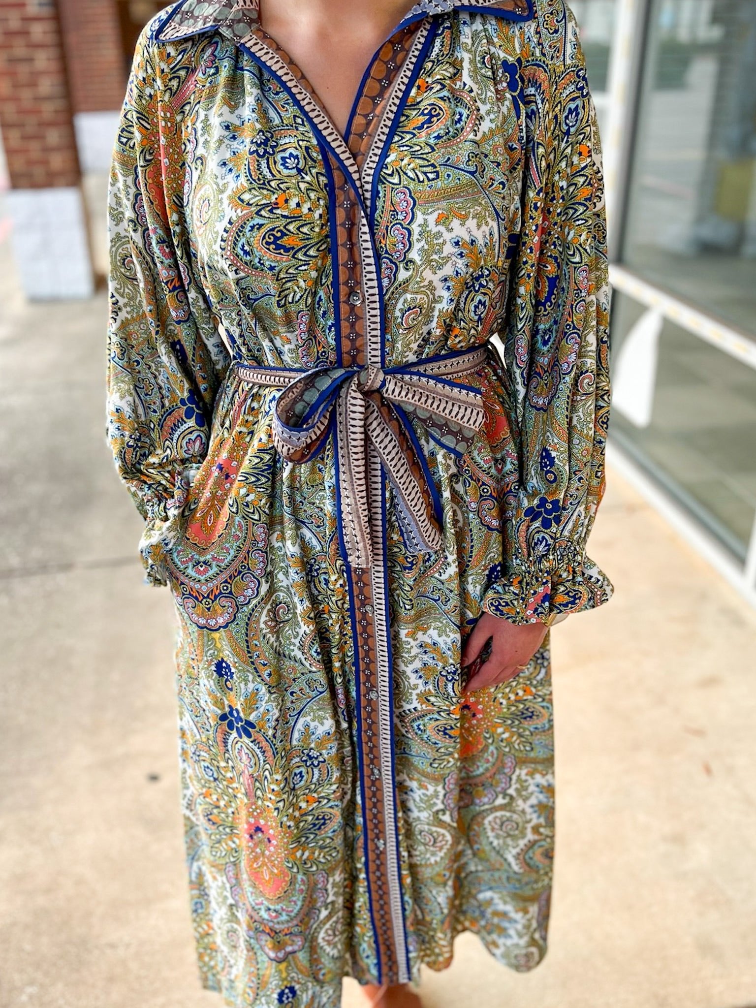 Navy Paisley Belted Button Up Dress with Long Sleeves - A'Bekah's Boutique