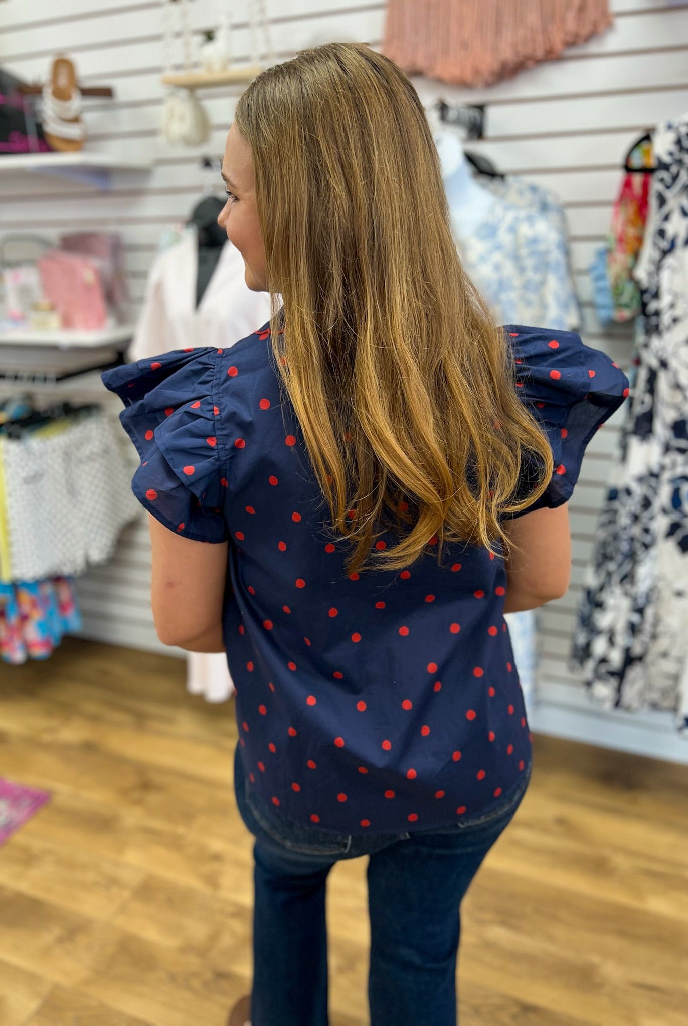 Navy Polka Dot Button Front Top with Scallop Details - A'Bekah's Boutique