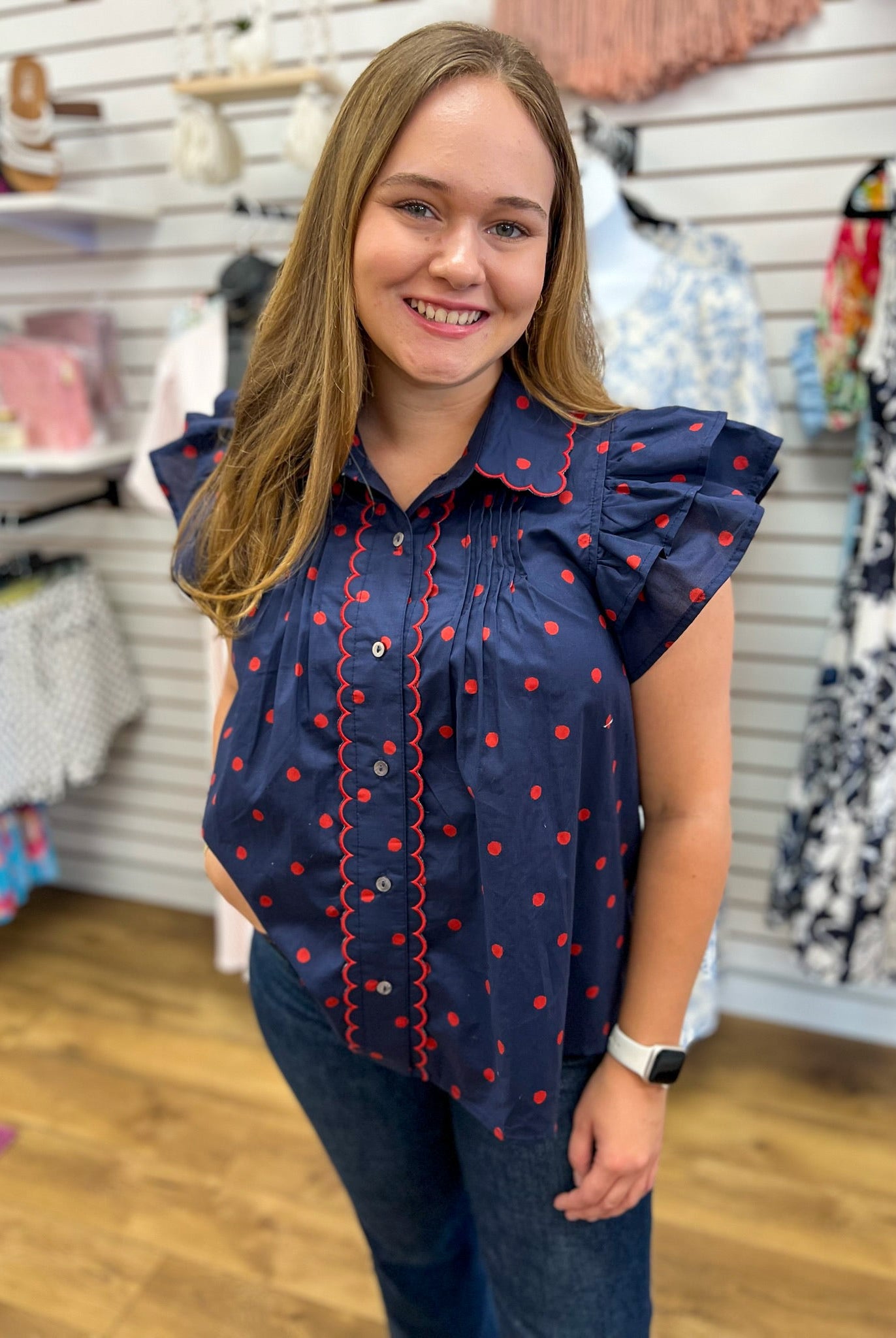 Navy Polka Dot Button Front Top with Scallop Details - A'Bekah's Boutique