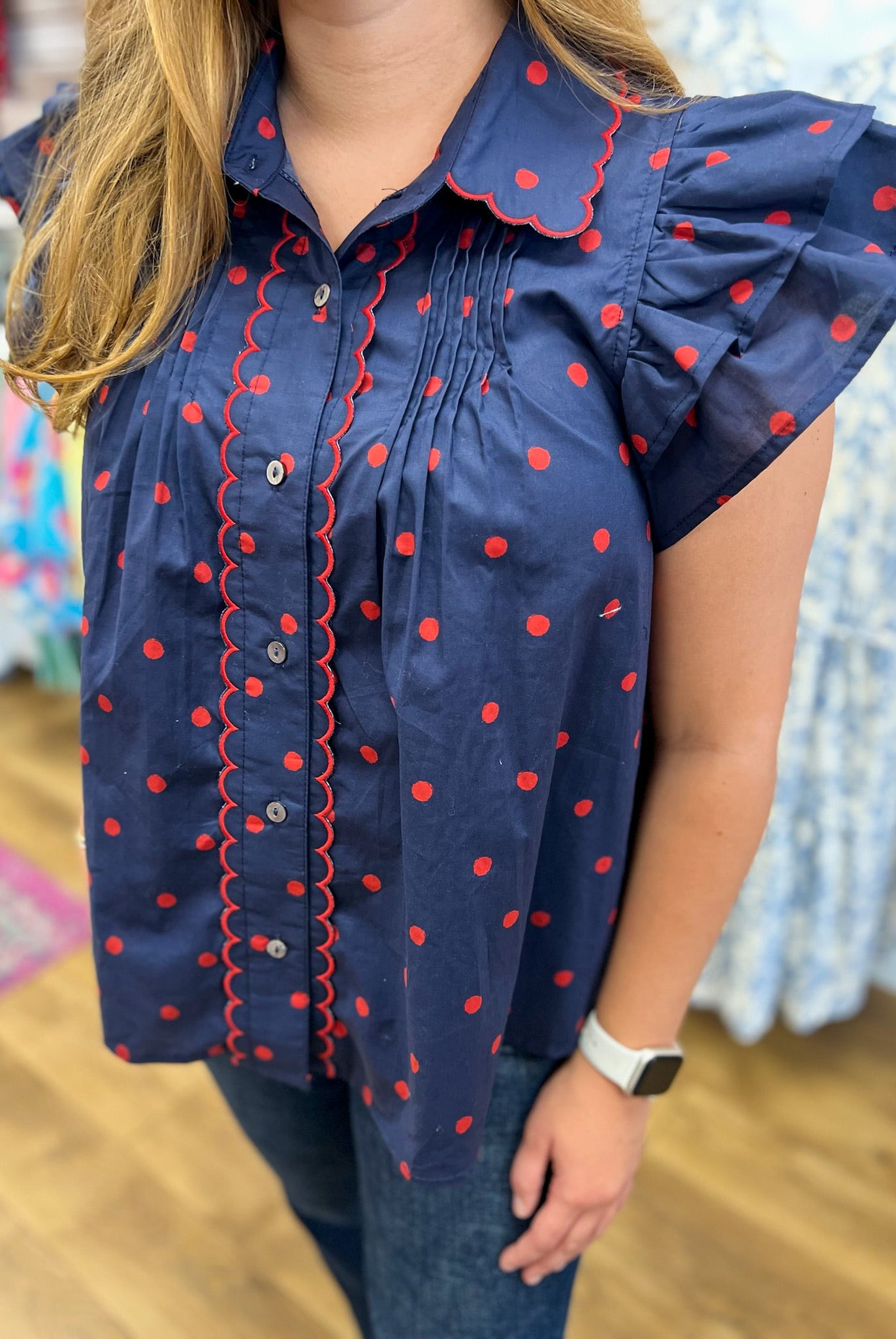 Navy Polka Dot Button Front Top with Scallop Details - A'Bekah's Boutique
