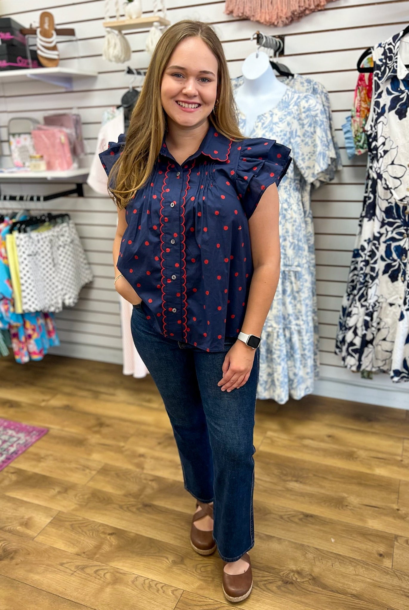 Navy Polka Dot Button Front Top with Scallop Details - A'Bekah's Boutique