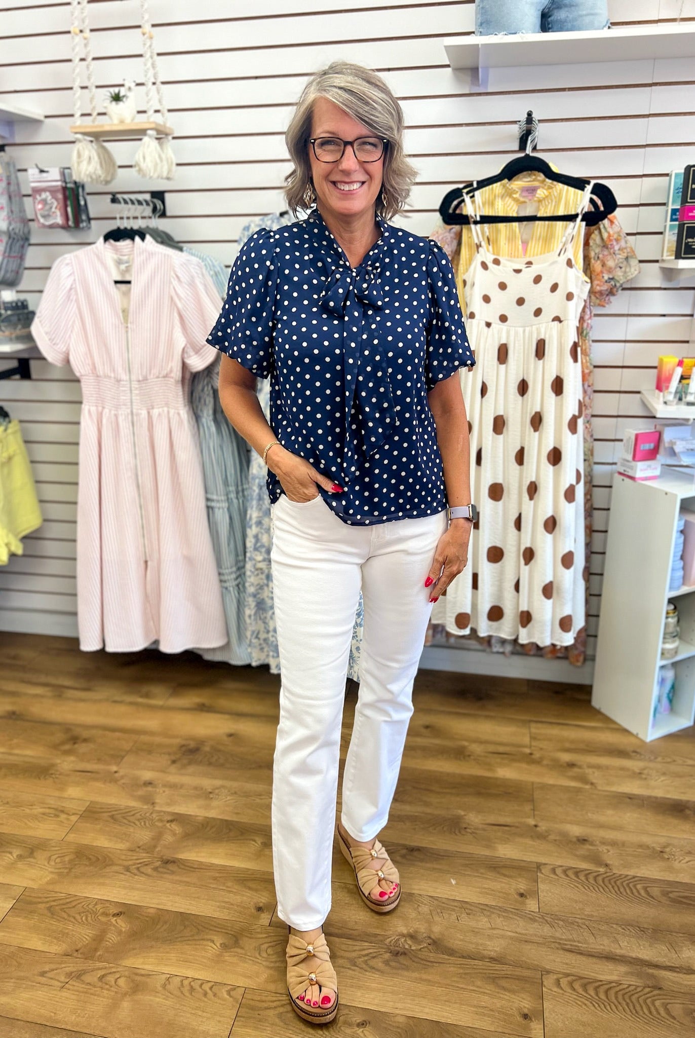 Navy Polka Dot Short Sleeve Top with Tie Bow Neckline - A'Bekah's Boutique