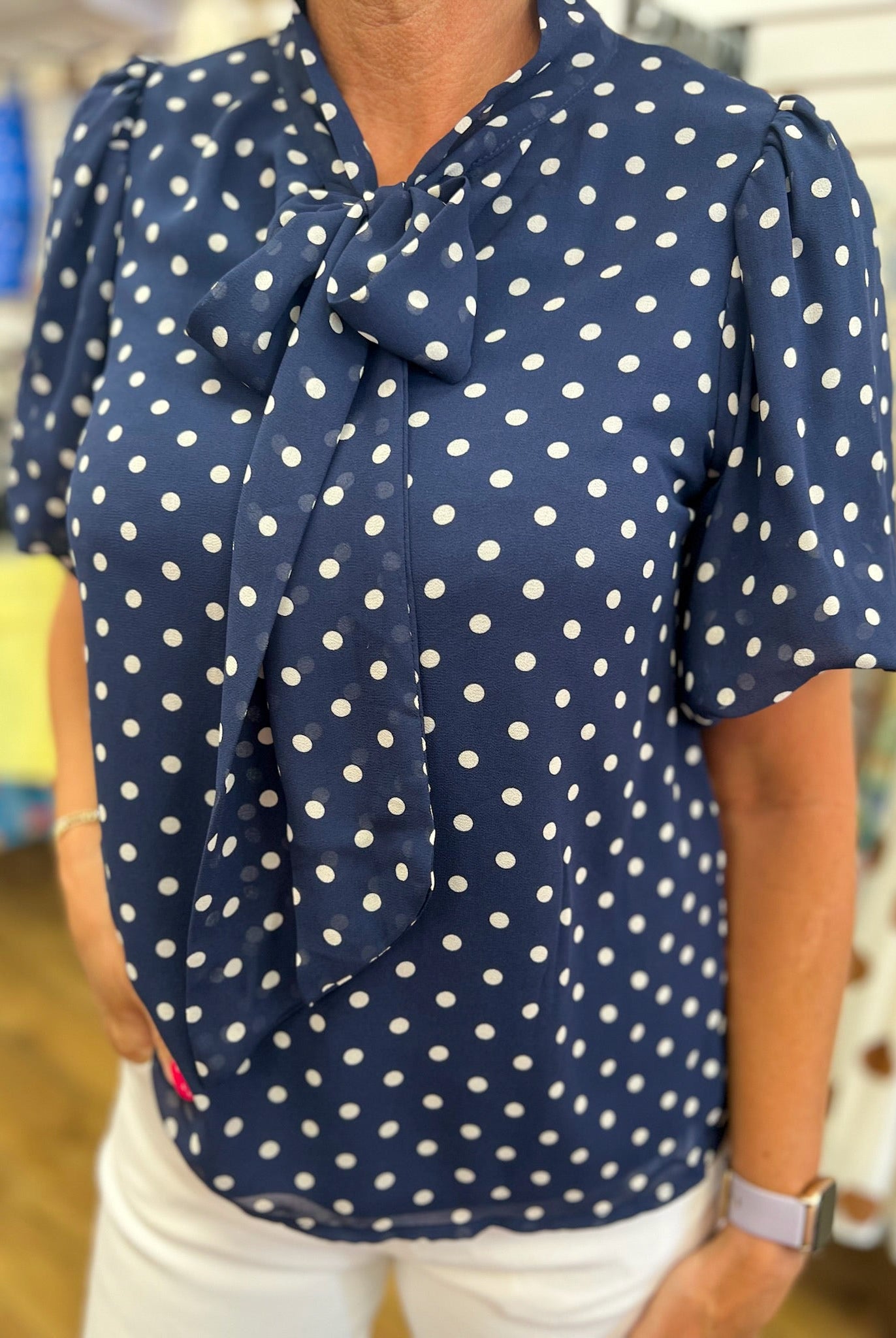 Navy Polka Dot Short Sleeve Top with Tie Bow Neckline - A'Bekah's Boutique
