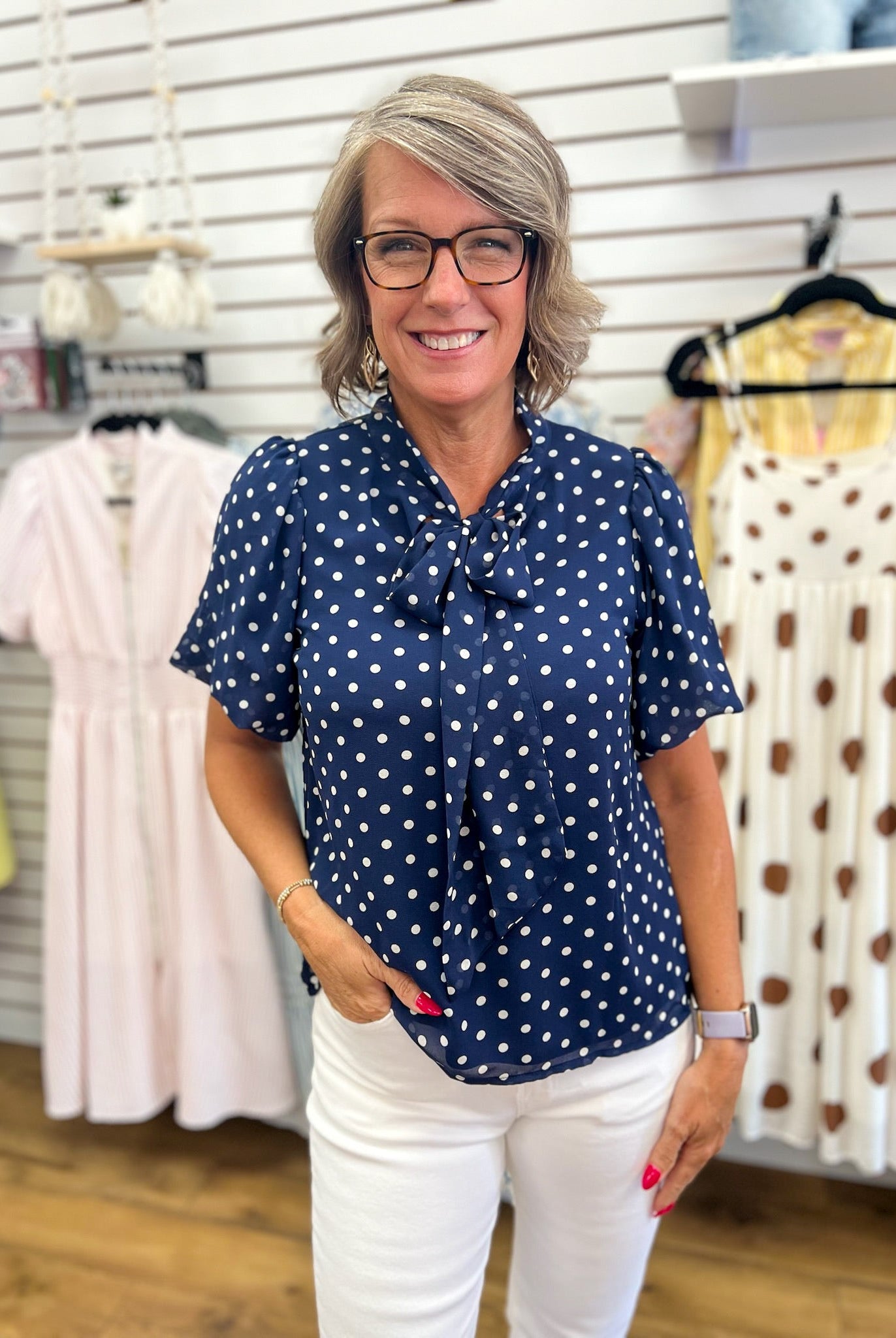 Navy Polka Dot Short Sleeve Top with Tie Bow Neckline - A'Bekah's Boutique