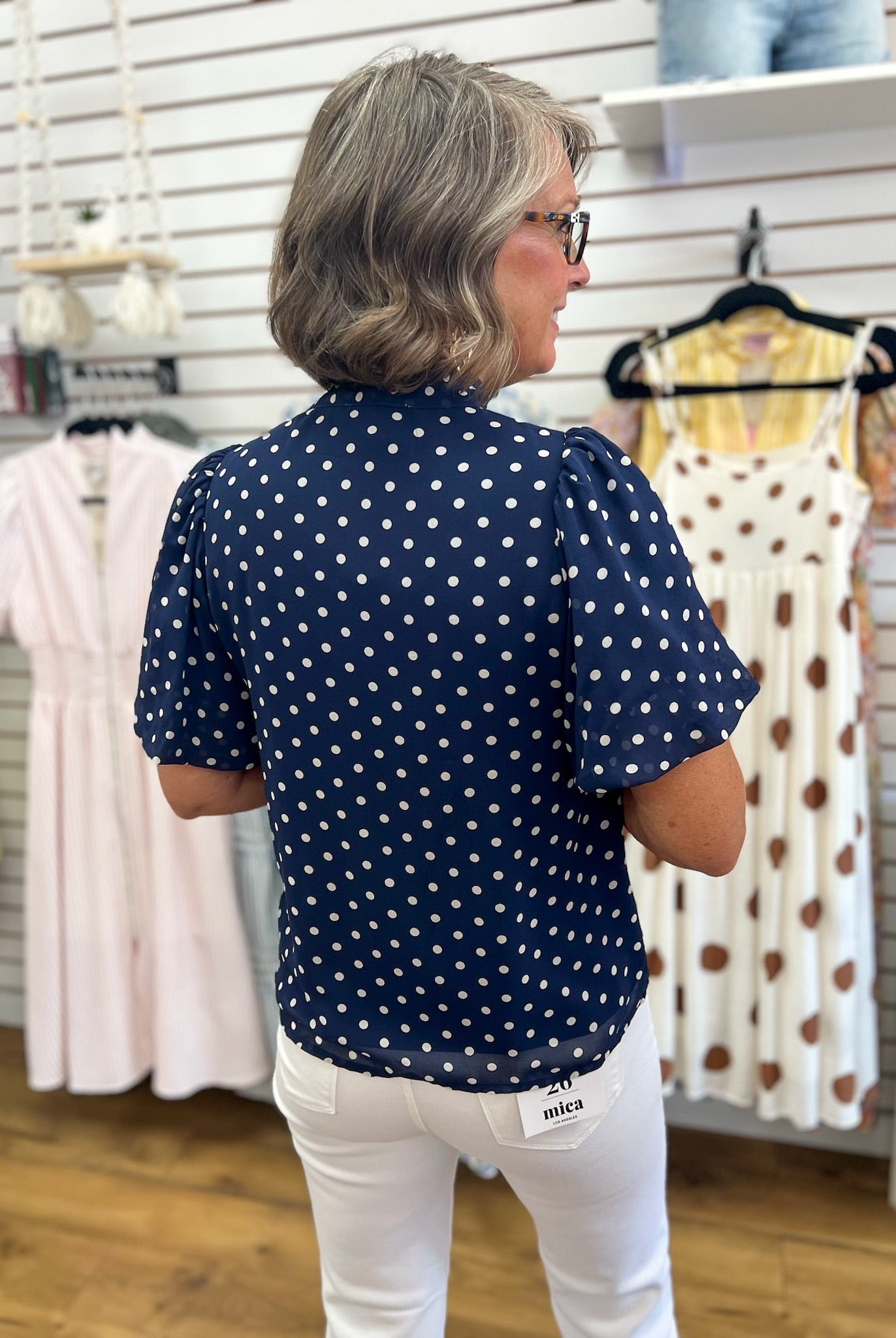 Navy Polka Dot Short Sleeve Top with Tie Bow Neckline - A'Bekah's Boutique