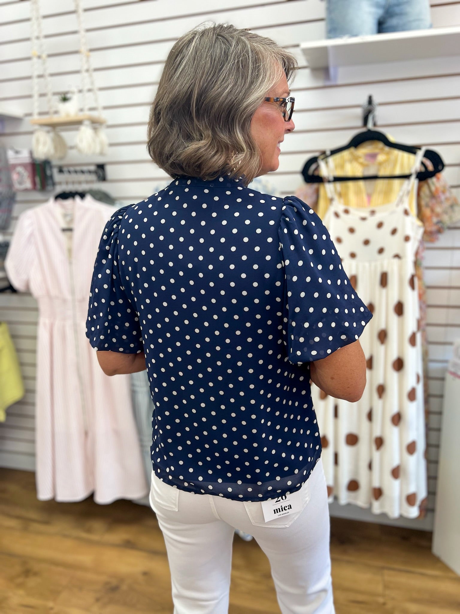 Navy Polka Dot Short Sleeve Top with Tie Bow Neckline - A'Bekah's Boutique