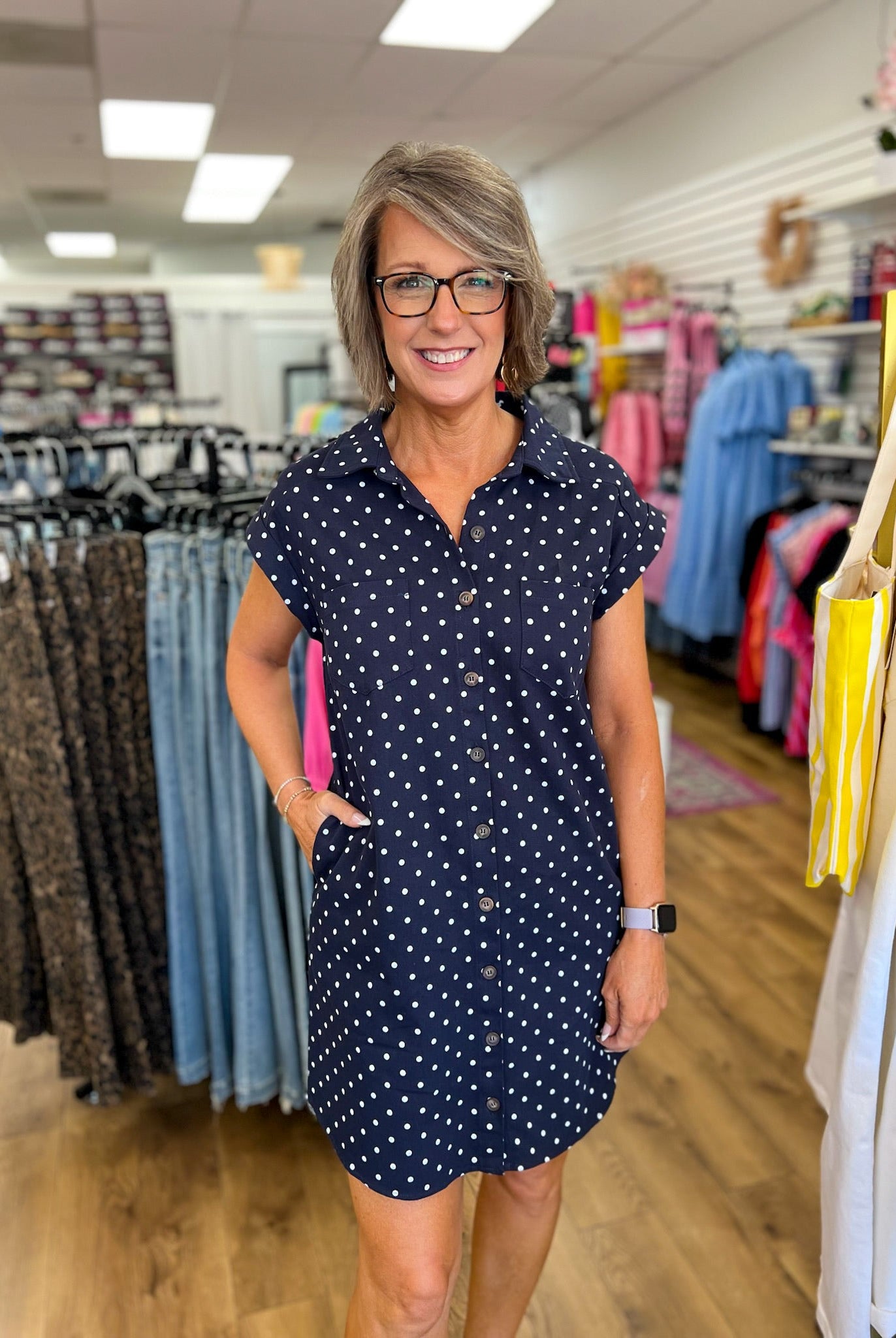 Navy Polka Dot Sleeveless Shirt Dress with Pockets - A'Bekah's Boutique
