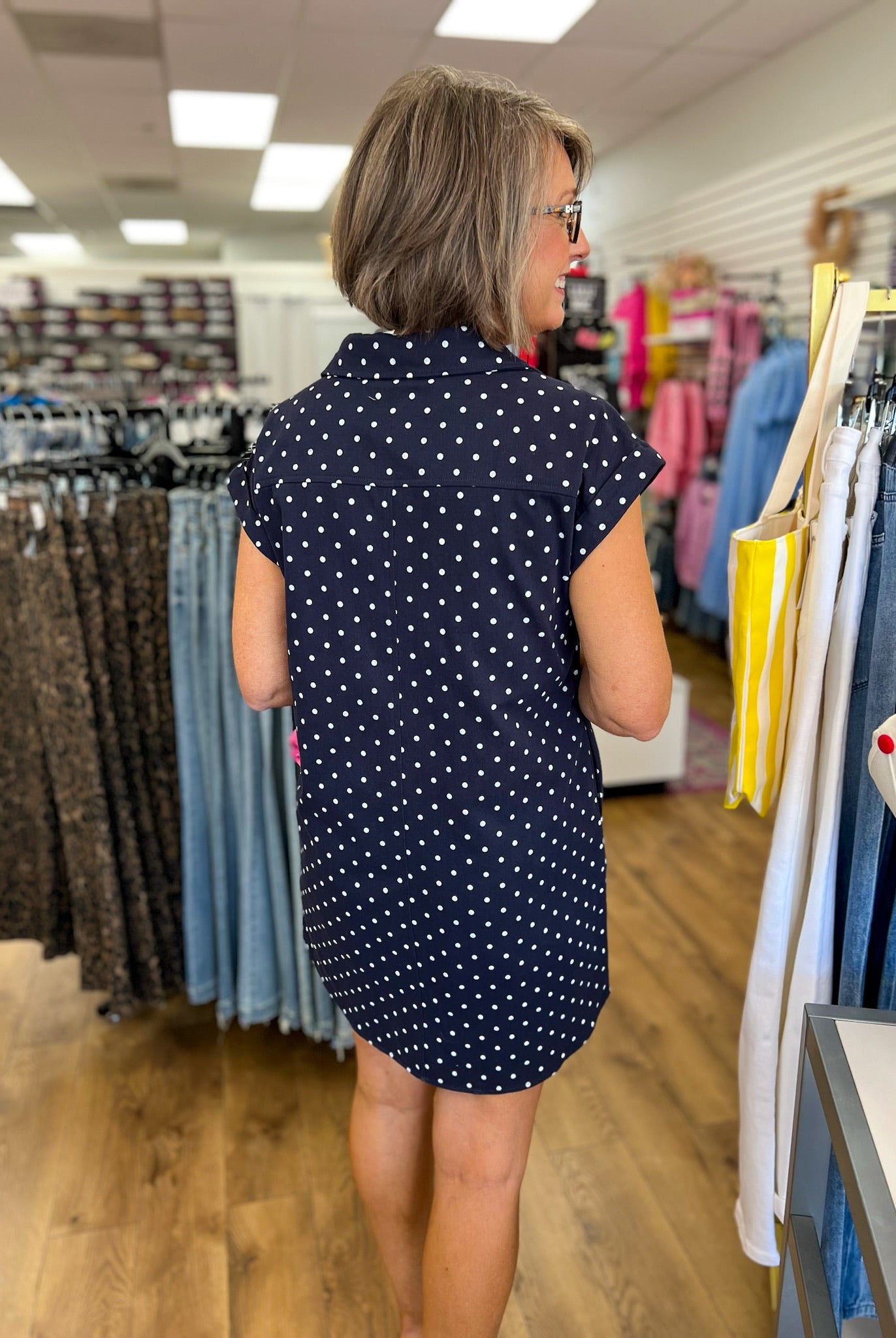 Navy Polka Dot Sleeveless Shirt Dress with Pockets - A'Bekah's Boutique