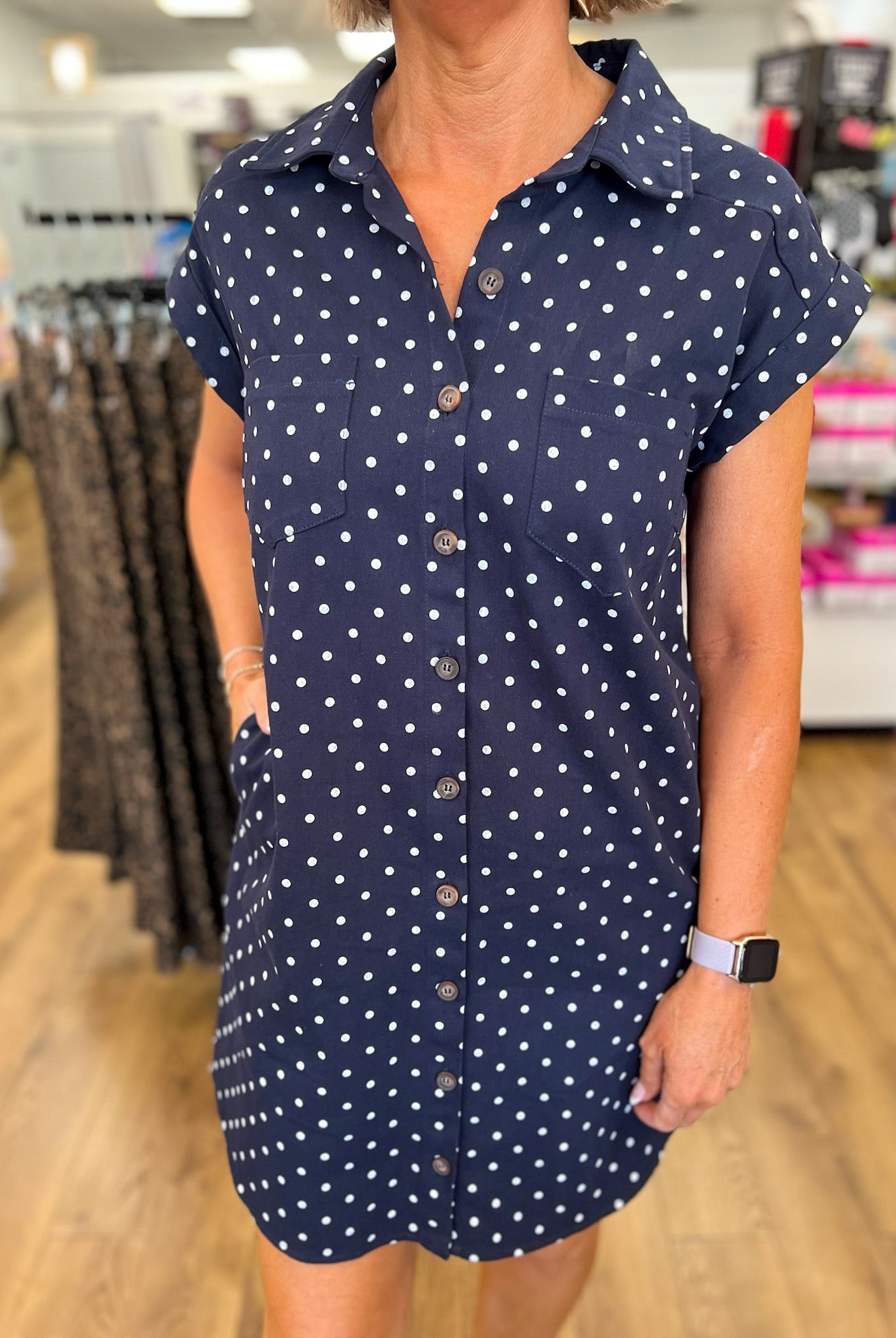 Navy Polka Dot Sleeveless Shirt Dress with Pockets - A'Bekah's Boutique