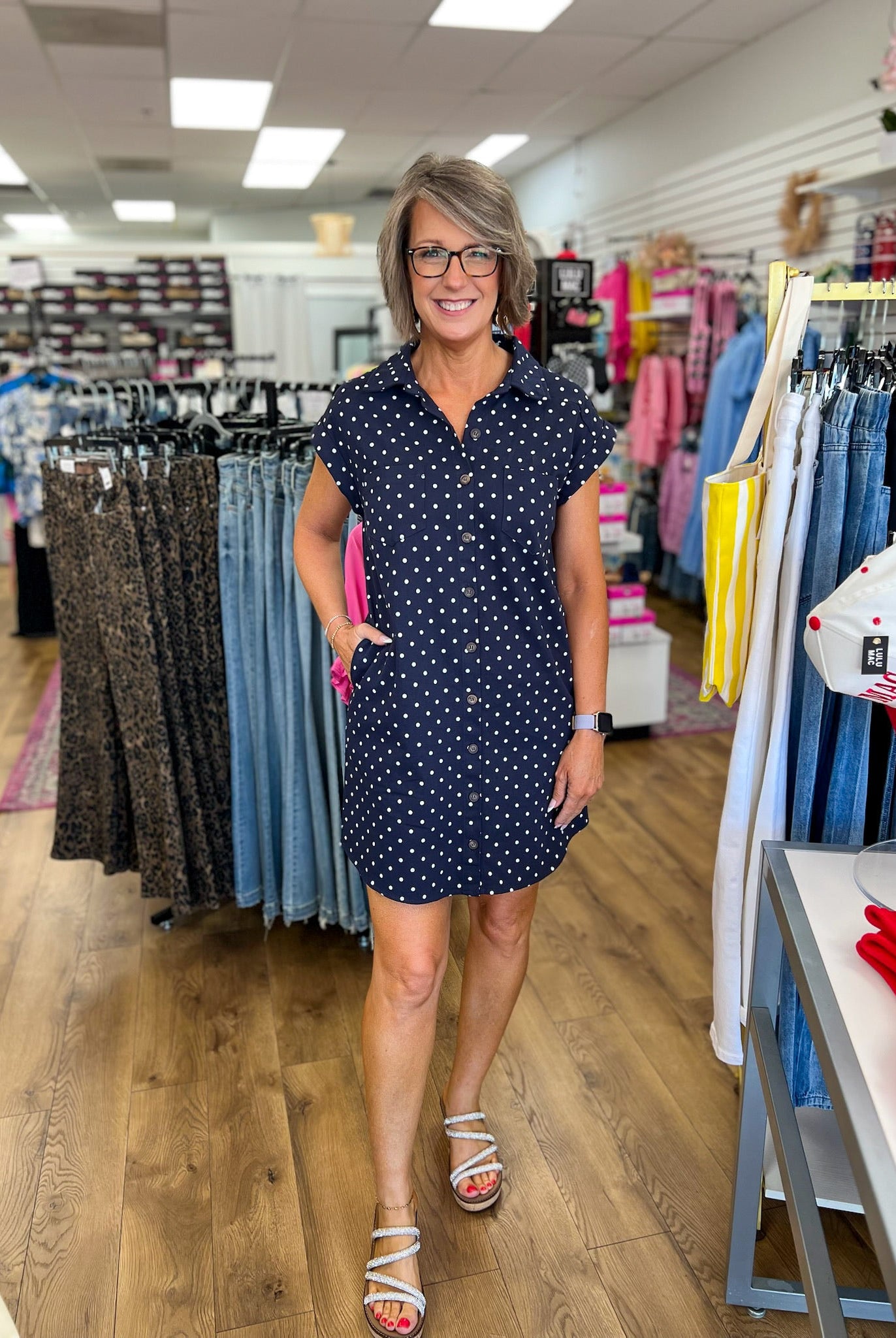 Navy Polka Dot Sleeveless Shirt Dress with Pockets - A'Bekah's Boutique