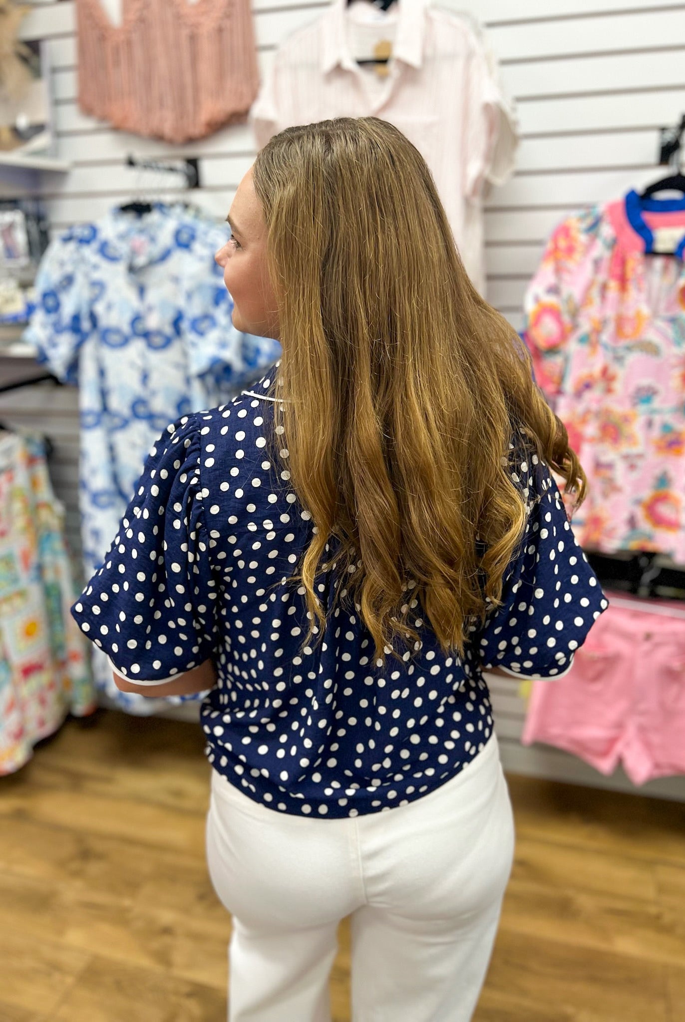 Navy Polka Dot Top with Contrast Trim and Puff Sleeves - A'Bekah's Boutique