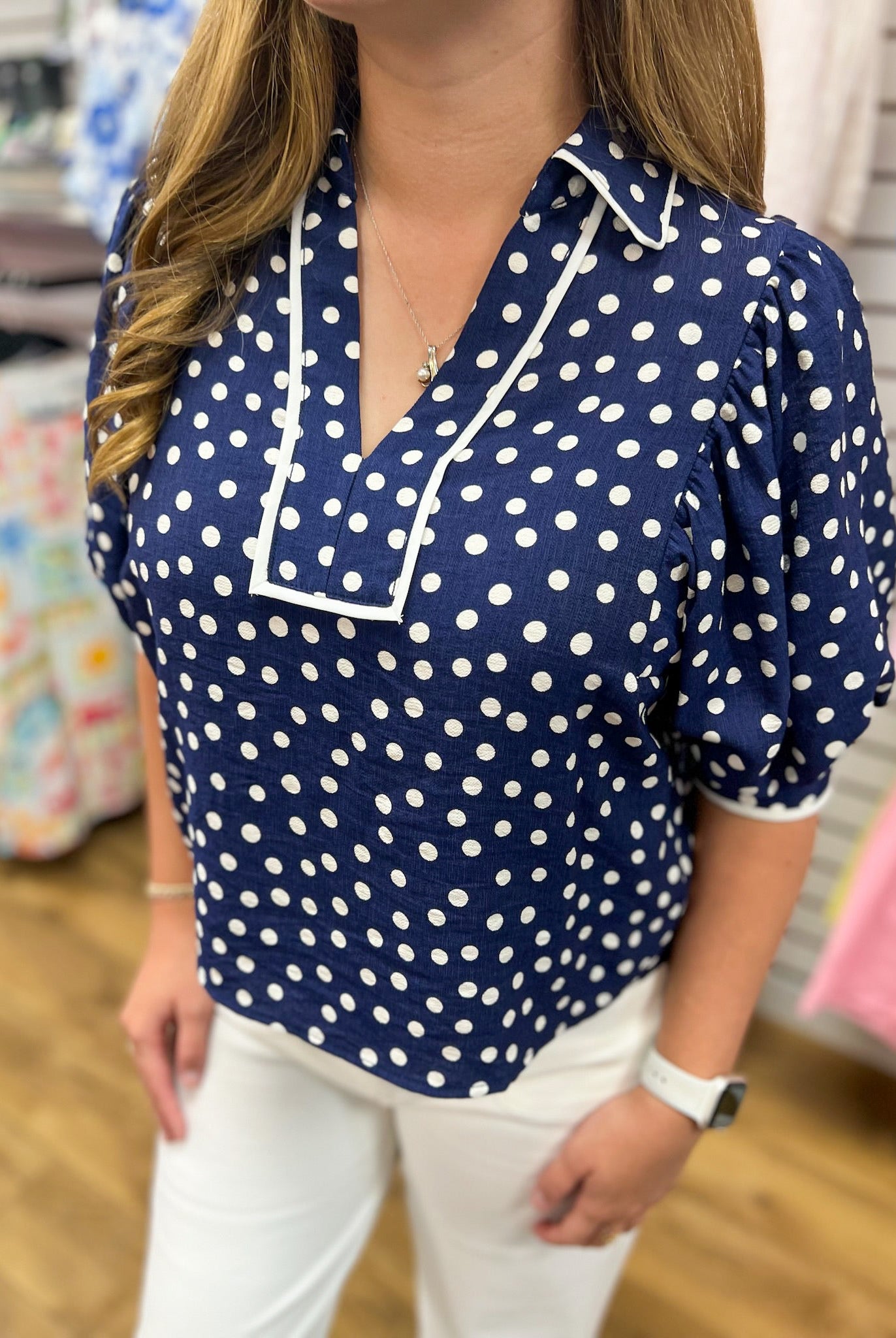 Navy Polka Dot Top with Contrast Trim and Puff Sleeves - A'Bekah's Boutique