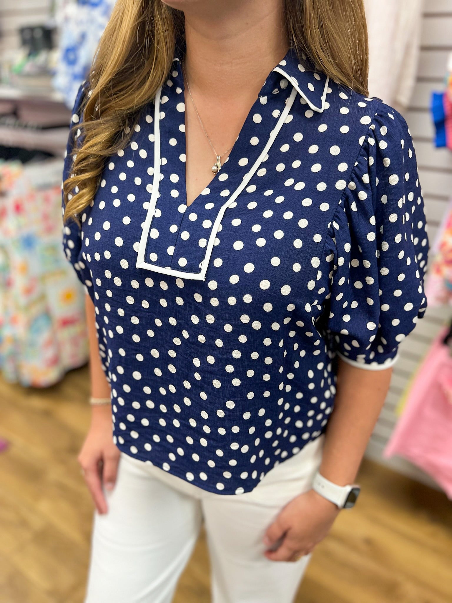 Navy Polka Dot Top with Contrast Trim and Puff Sleeves - A'Bekah's Boutique