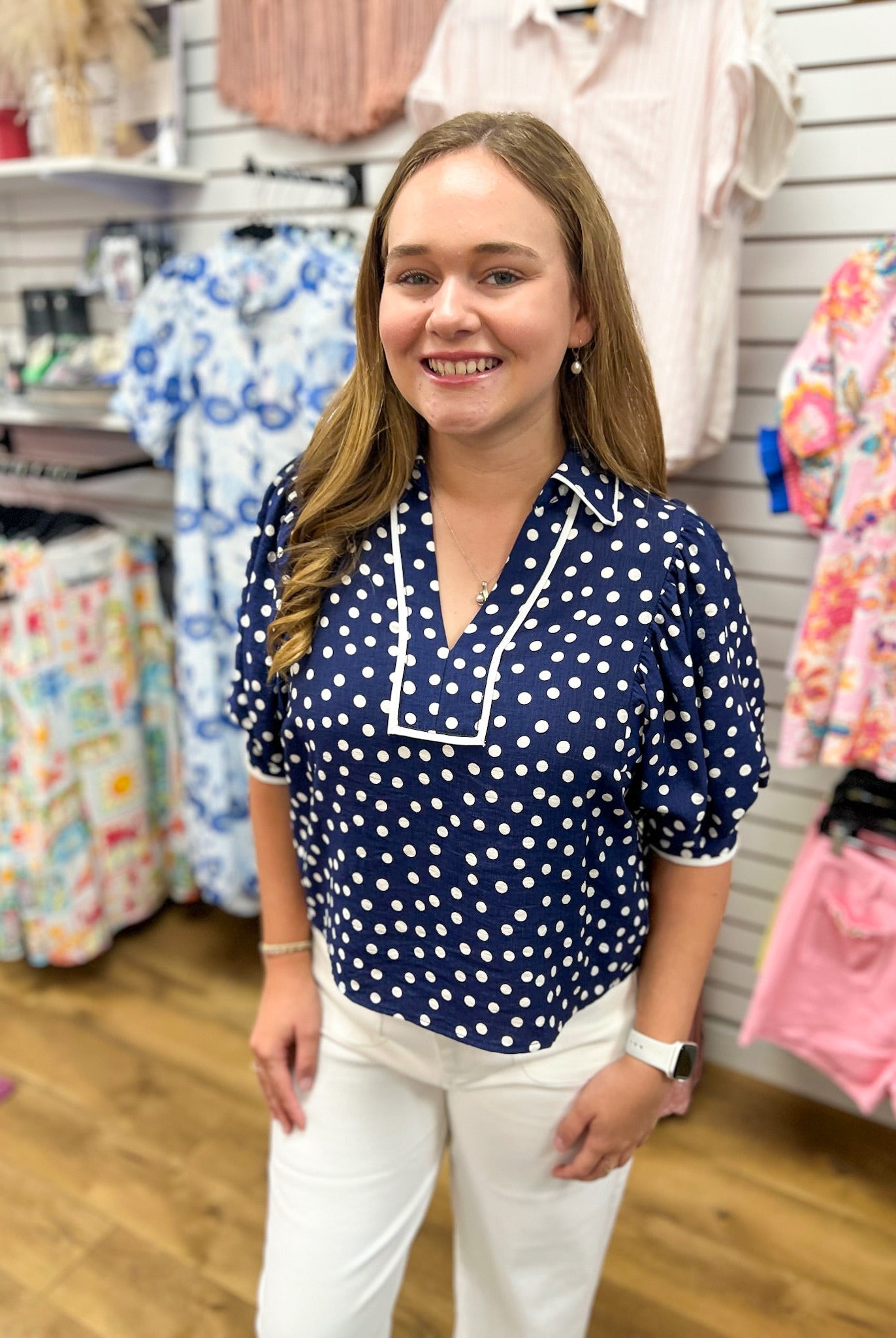Navy Polka Dot Top with Contrast Trim and Puff Sleeves - A'Bekah's Boutique