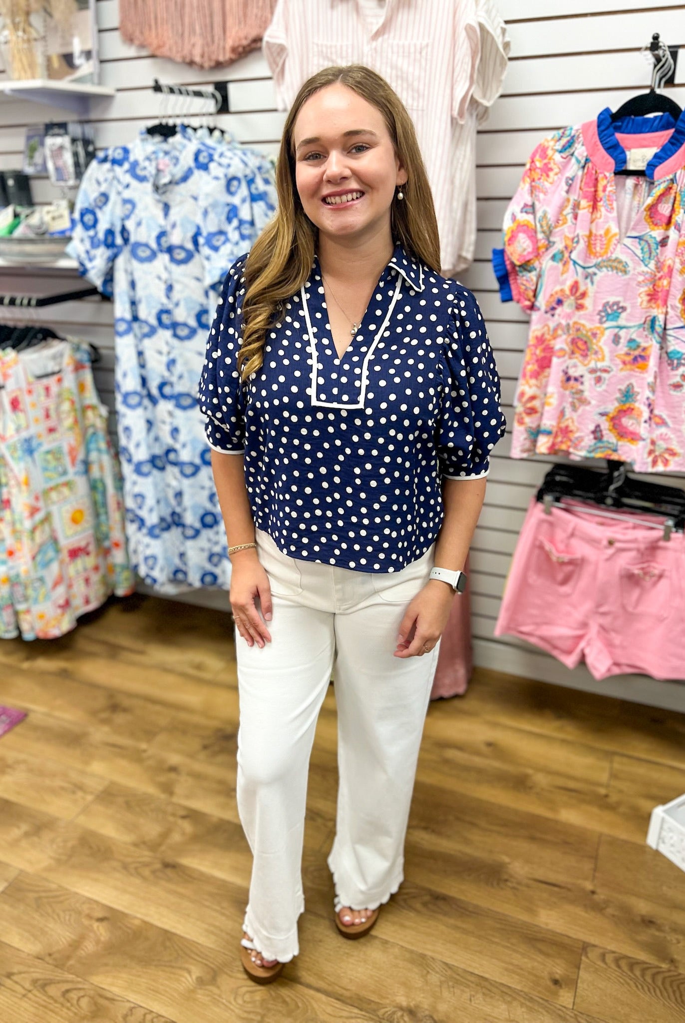 Navy Polka Dot Top with Contrast Trim and Puff Sleeves - A'Bekah's Boutique