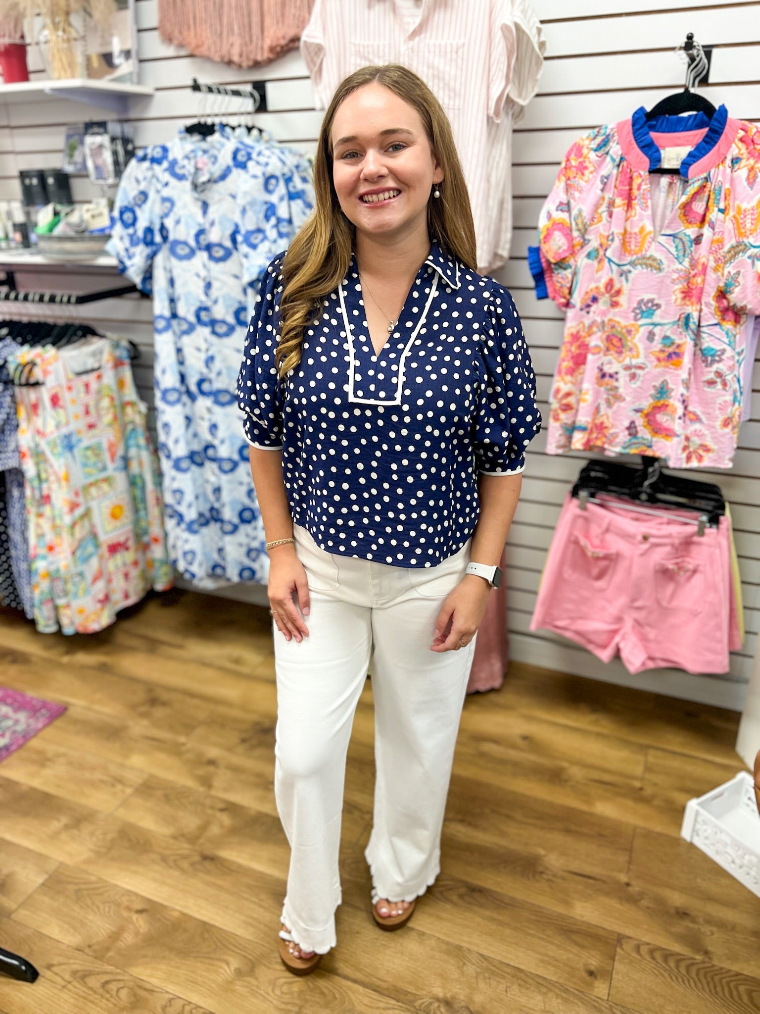 Navy Polka Dot Top with Contrast Trim and Puff Sleeves - A'Bekah's Boutique