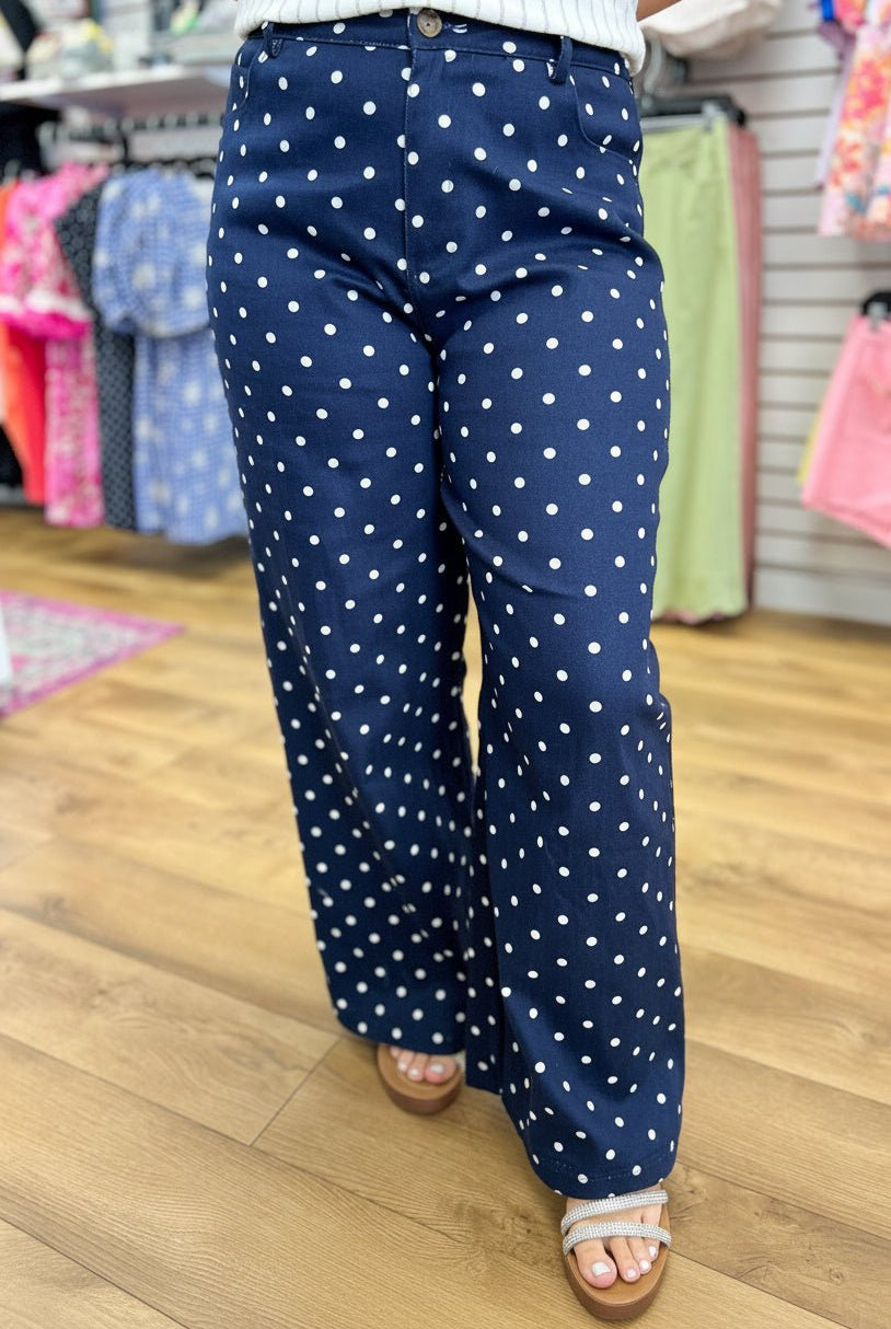 Navy Polka Dot Wide Leg Pants - A'Bekah's Boutique