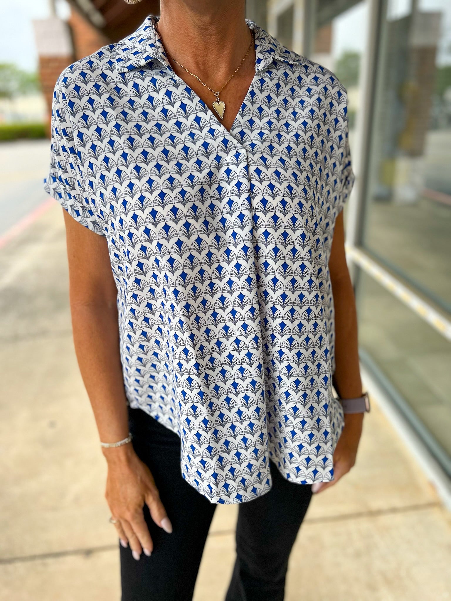 Navy Print V - Neck Short Sleeve Collared Top - A'Bekah's Boutique