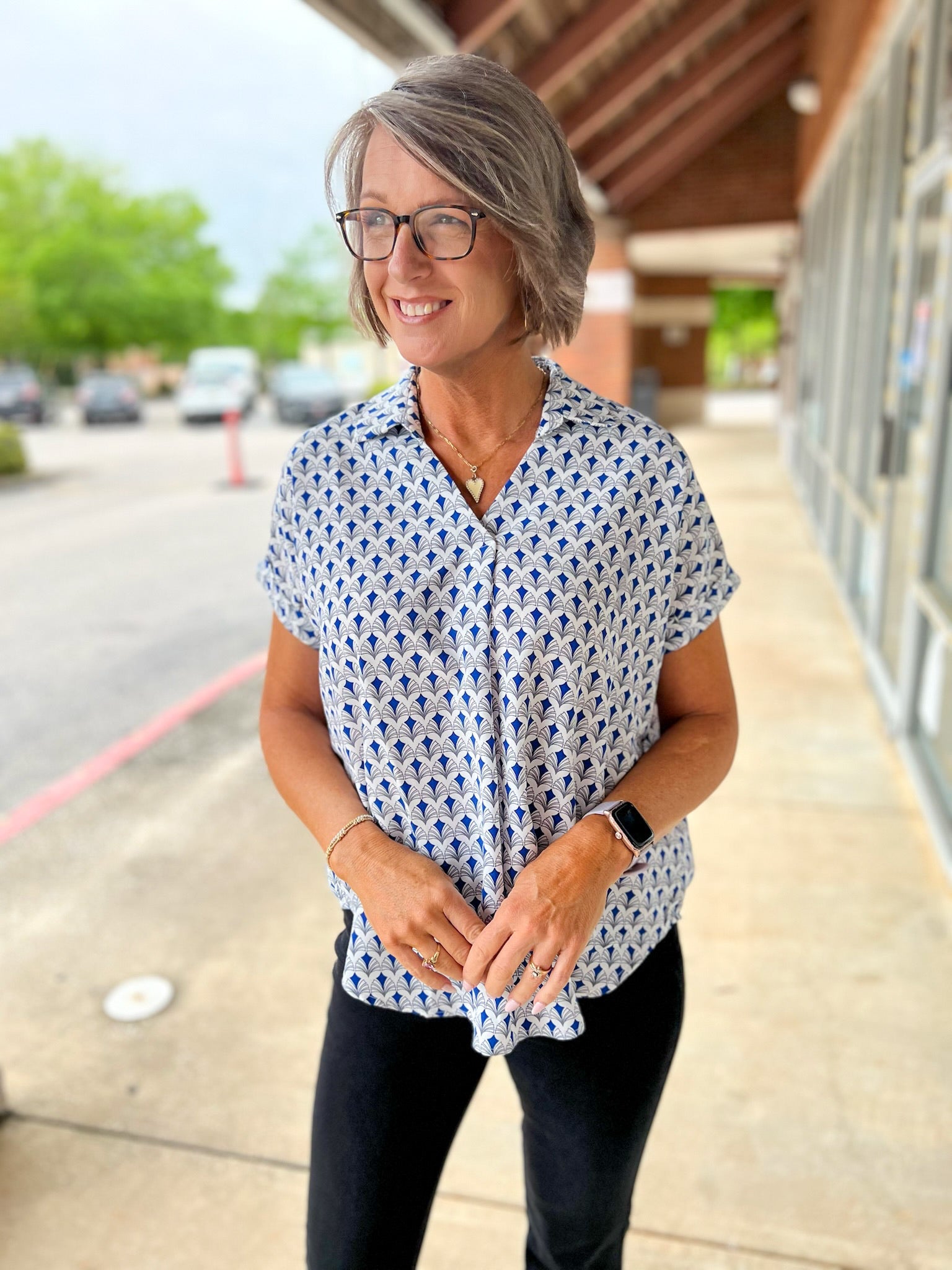 Navy Print V - Neck Short Sleeve Collared Top - A'Bekah's Boutique