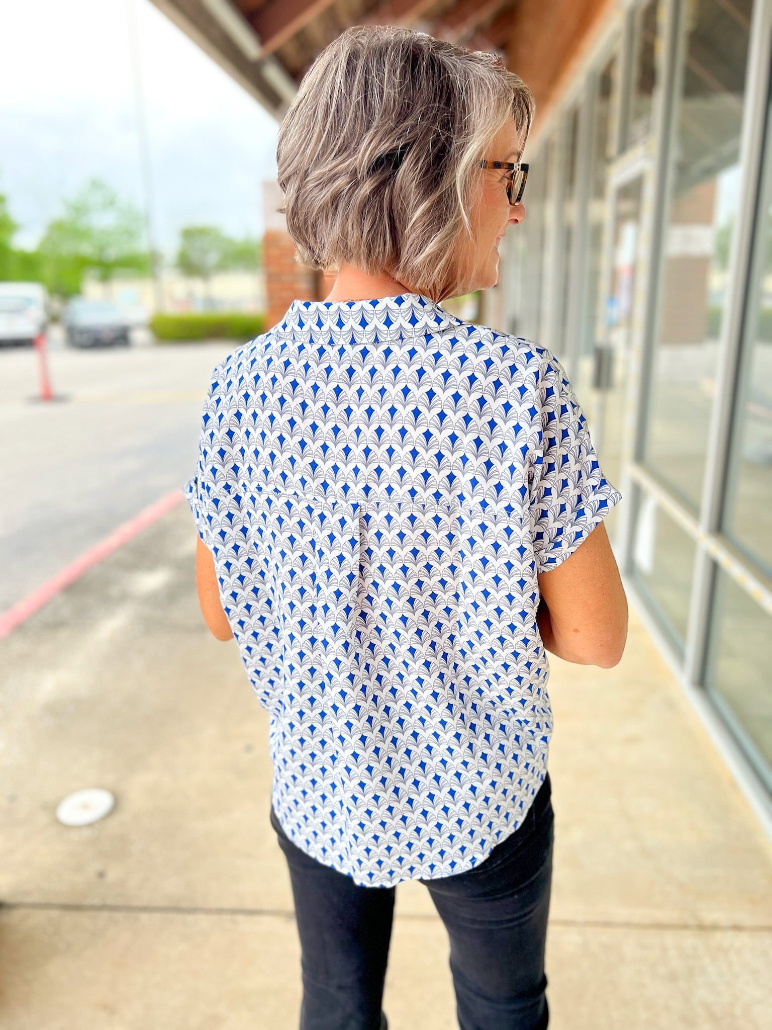 Navy Print V - Neck Short Sleeve Collared Top - A'Bekah's Boutique