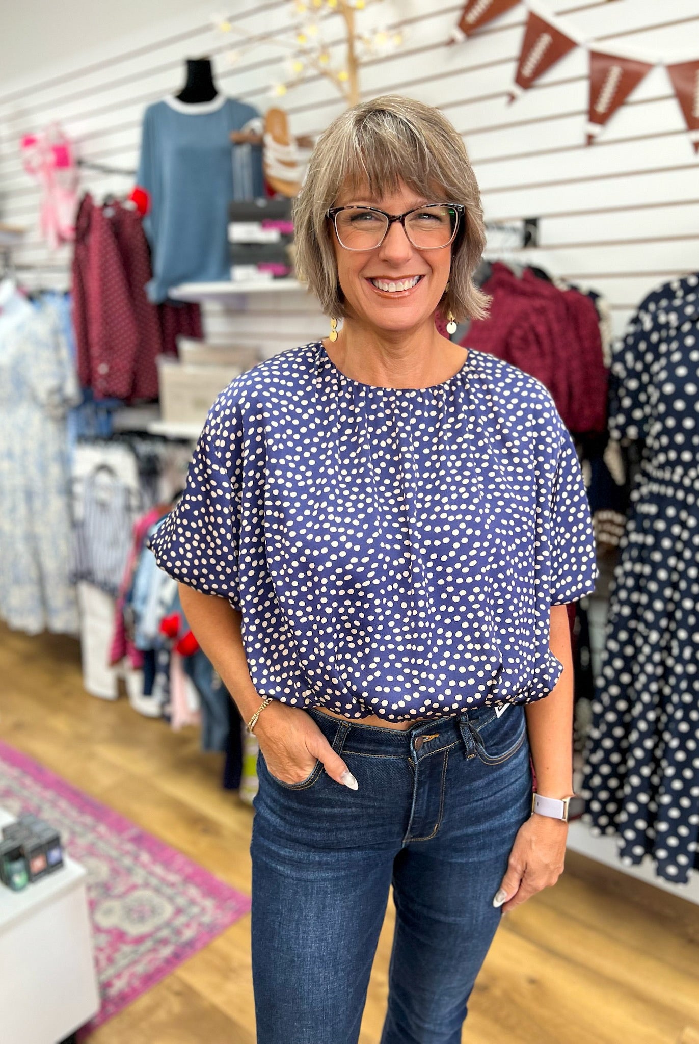 Navy Printed Bubble Hem Crop Top - A'Bekah's Boutique
