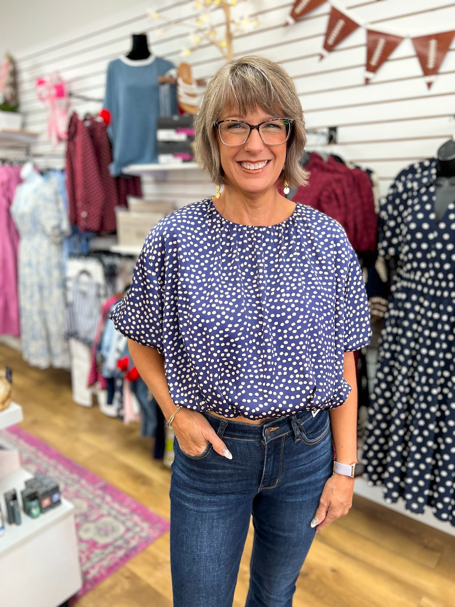 Navy Printed Bubble Hem Crop Top - A'Bekah's Boutique