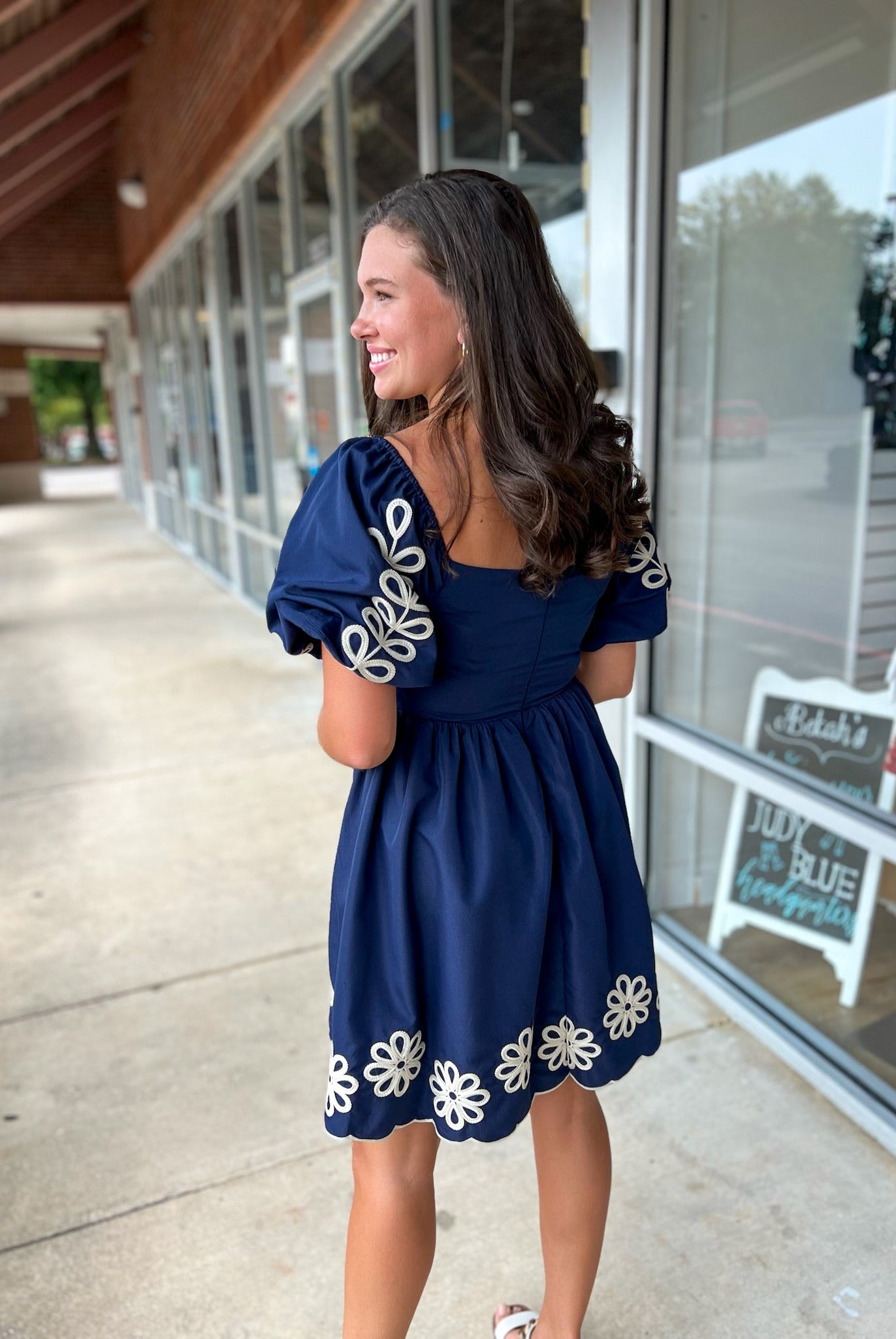 Navy Puff Sleeve Embroidered Dress with Scalloped Hem - A'Bekah's Boutique
