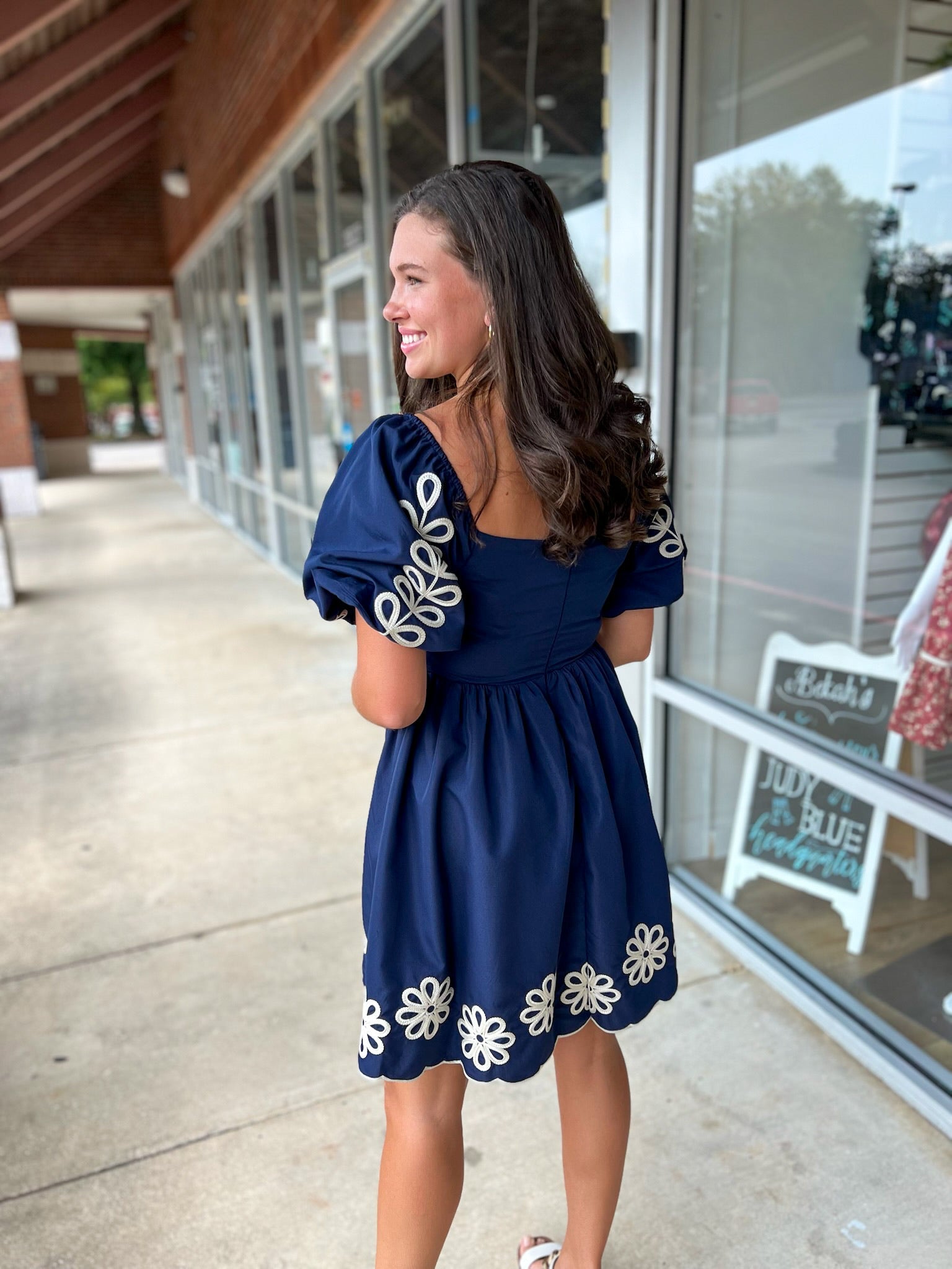 Navy Puff Sleeve Embroidered Dress with Scalloped Hem - A'Bekah's Boutique