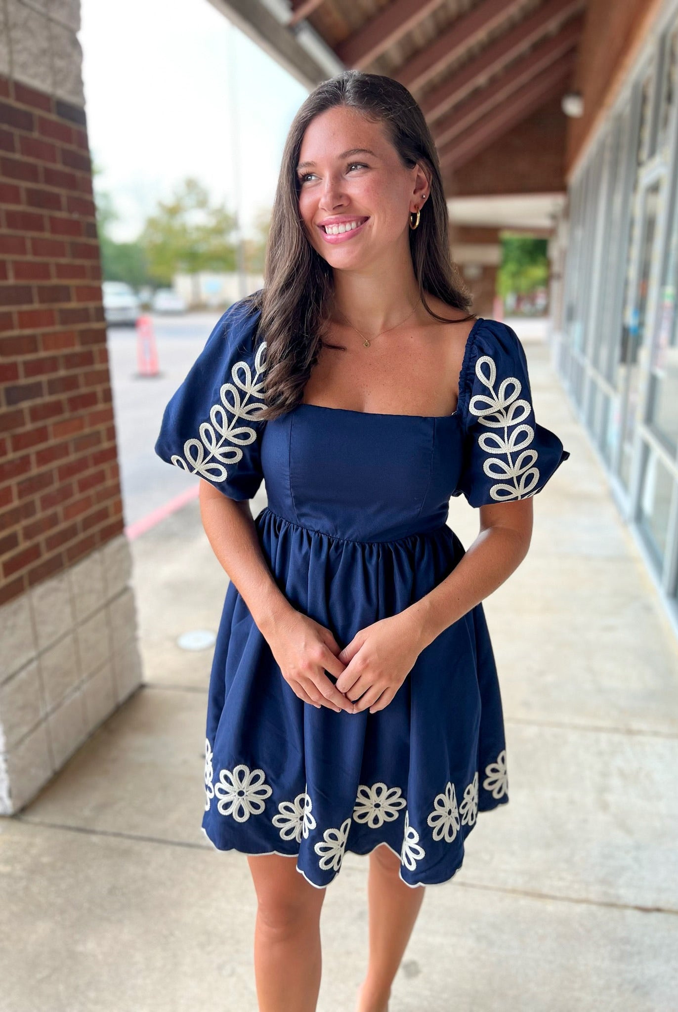 Navy Puff Sleeve Embroidered Dress with Scalloped Hem - A'Bekah's Boutique