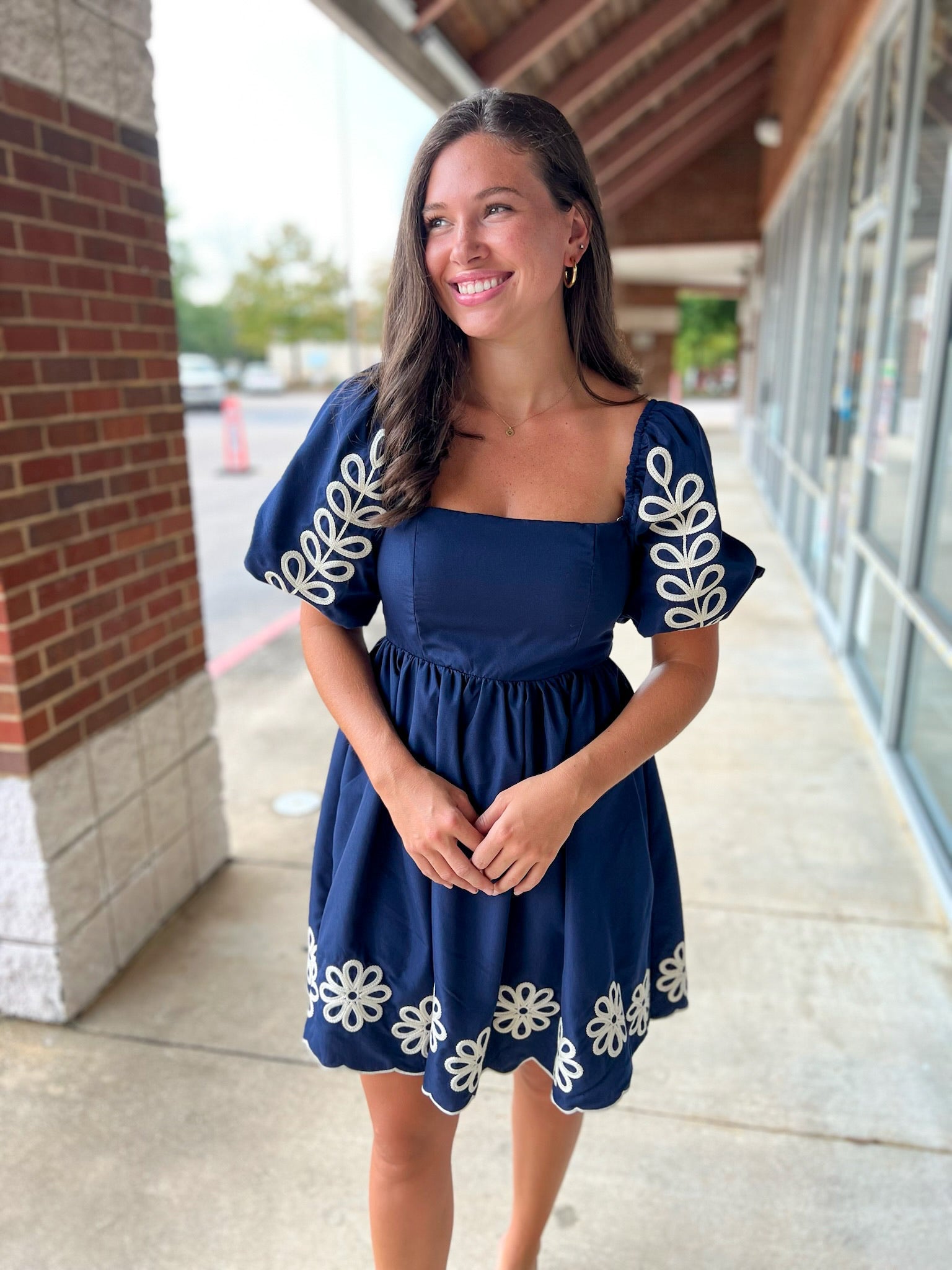 Navy Puff Sleeve Embroidered Dress with Scalloped Hem - A'Bekah's Boutique