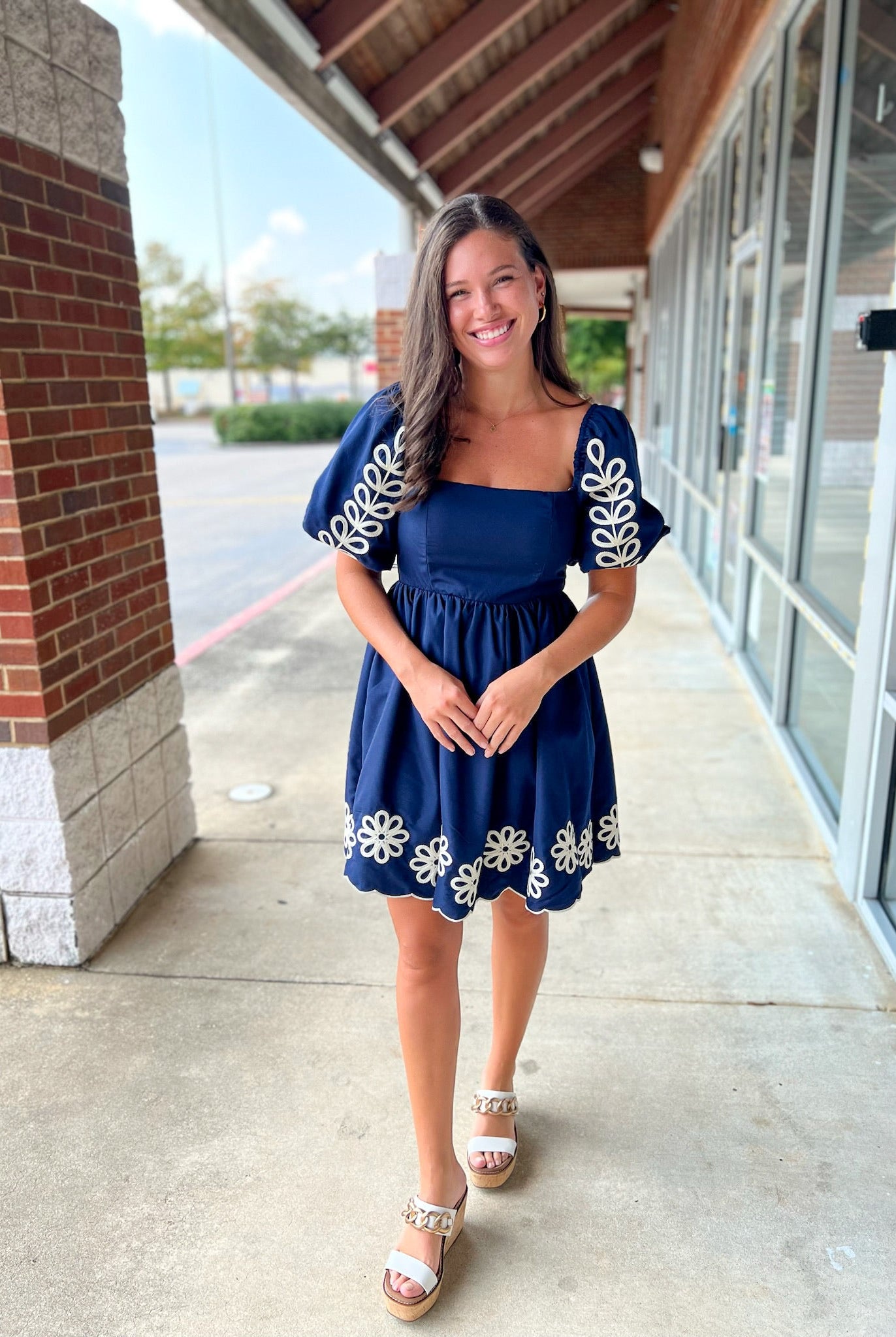 Navy Puff Sleeve Embroidered Dress with Scalloped Hem - A'Bekah's Boutique