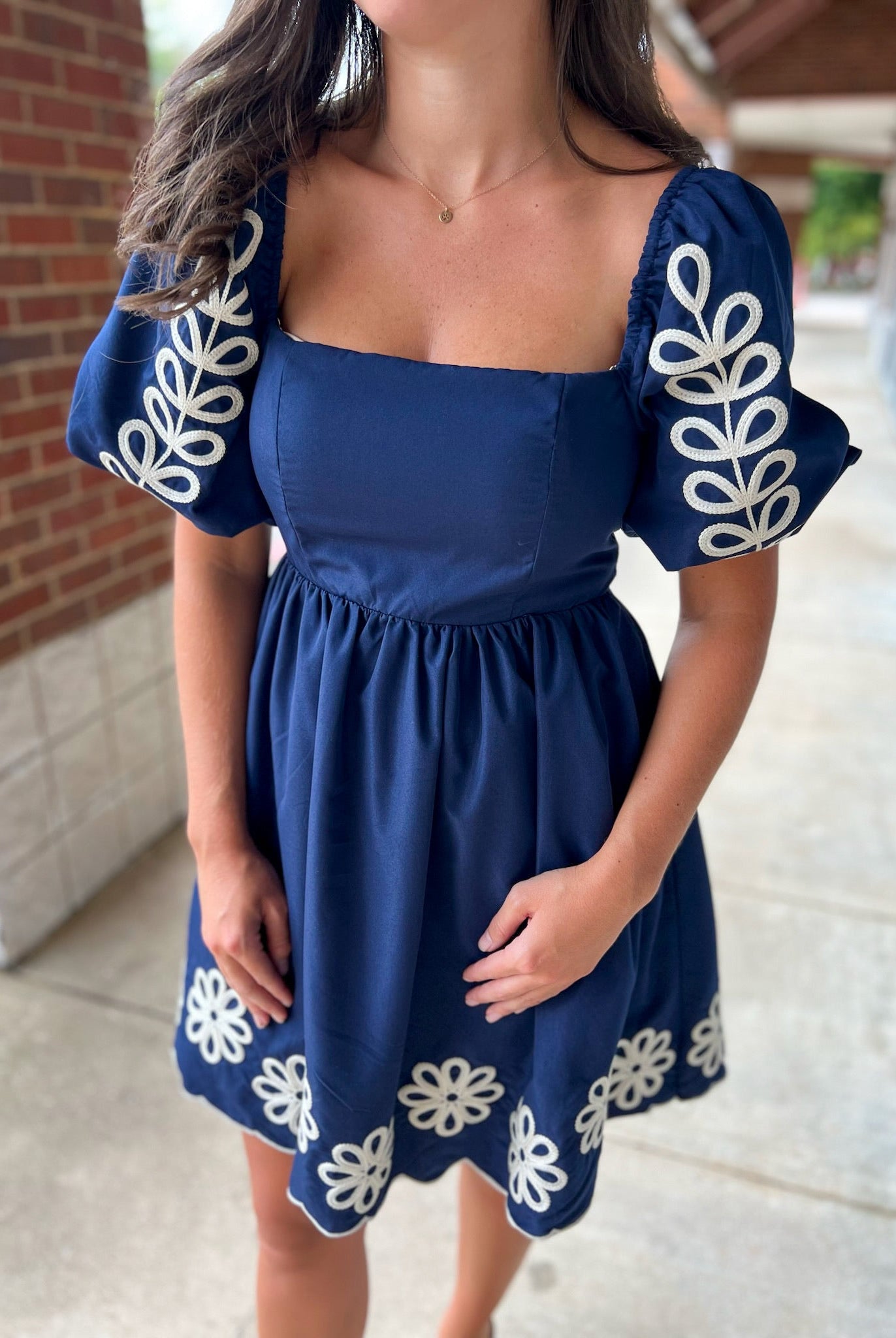 Navy Puff Sleeve Embroidered Dress with Scalloped Hem - A'Bekah's Boutique