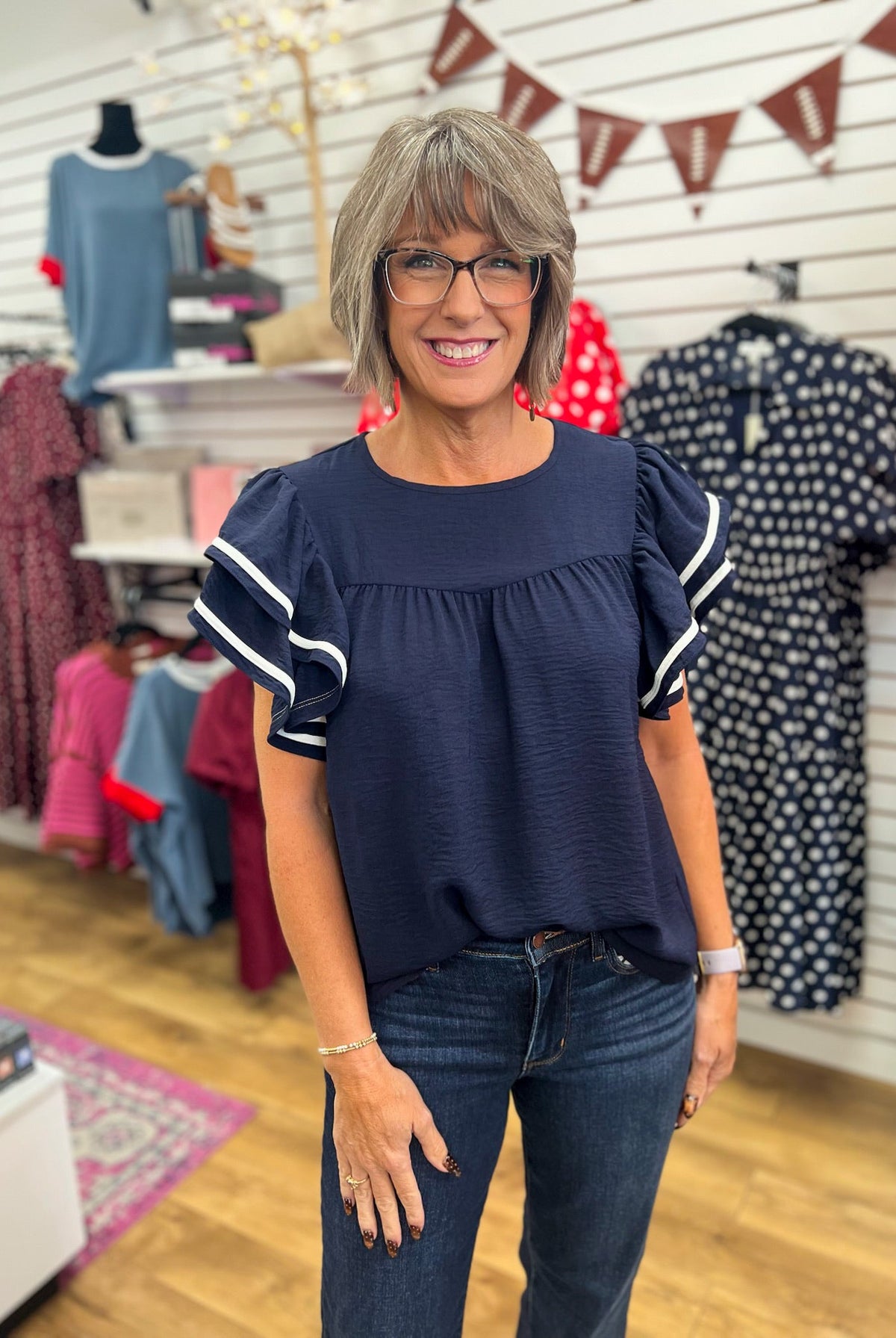 Navy Ruffle Sleeve Top with Contrast Piping - A'Bekah's Boutique