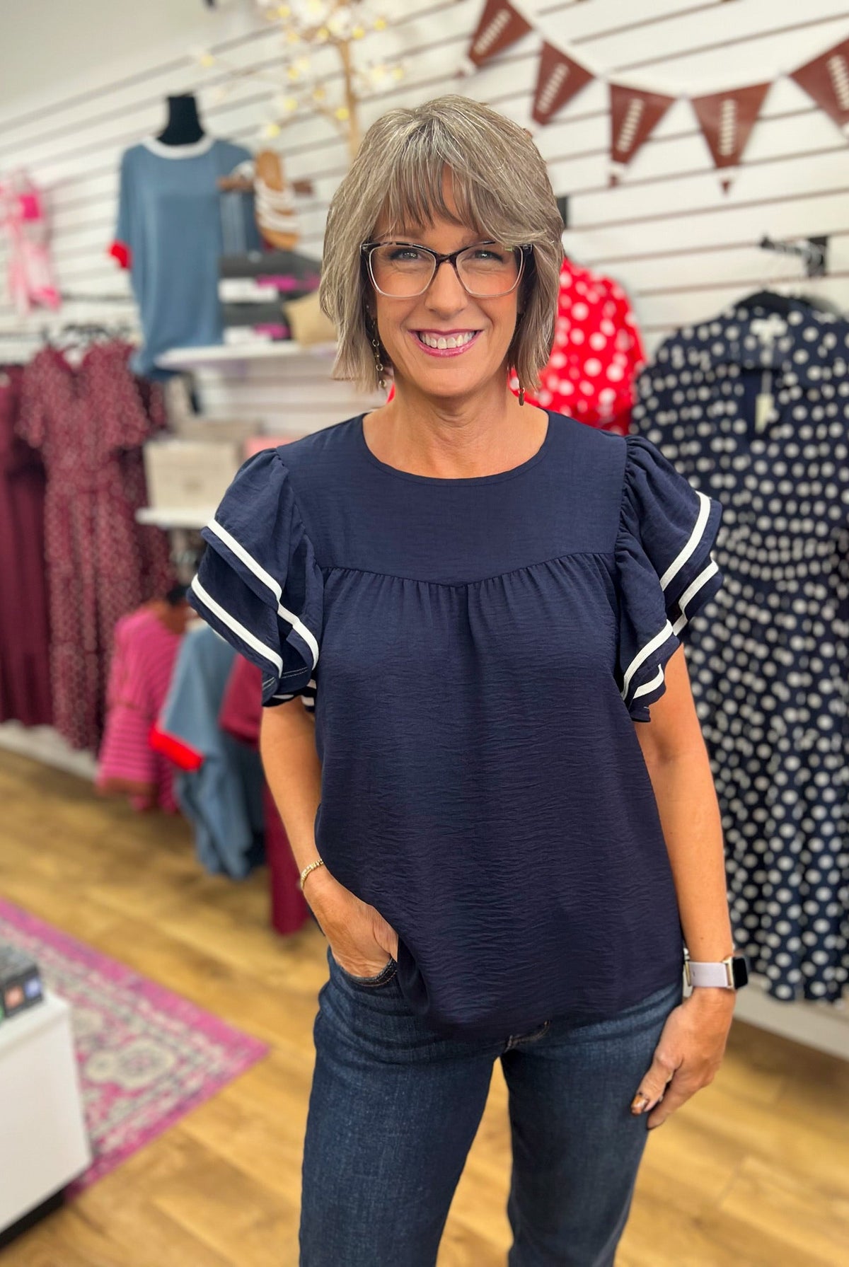 Navy Ruffle Sleeve Top with Contrast Piping - A'Bekah's Boutique