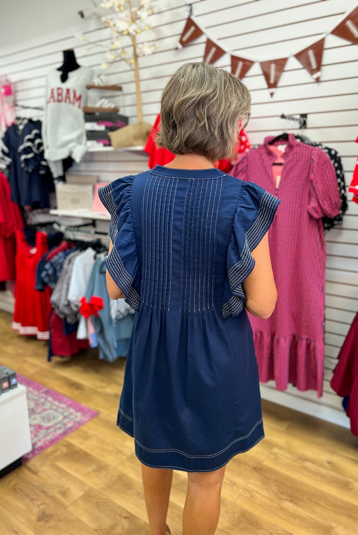 Navy Ruffle Sleeve V-Neck Dress with Contrast Stitching - A'Bekah's Boutique