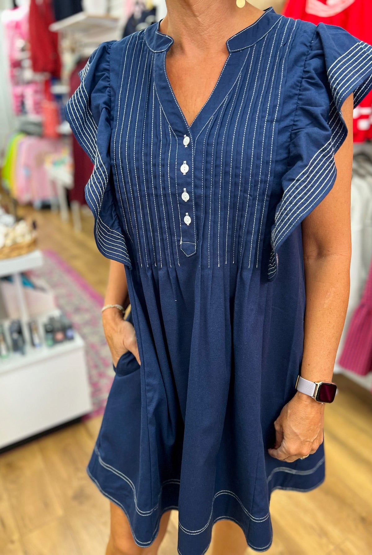 Navy Ruffle Sleeve V-Neck Dress with Contrast Stitching - A'Bekah's Boutique