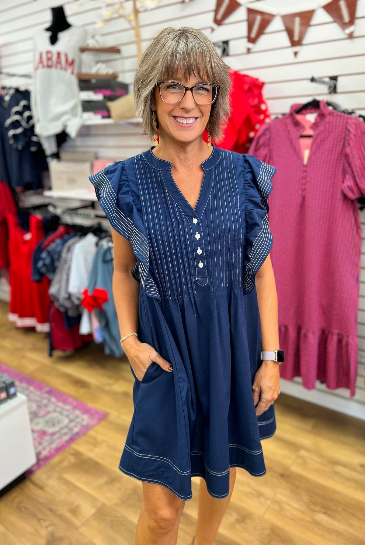 Navy Ruffle Sleeve V-Neck Dress with Contrast Stitching - A'Bekah's Boutique