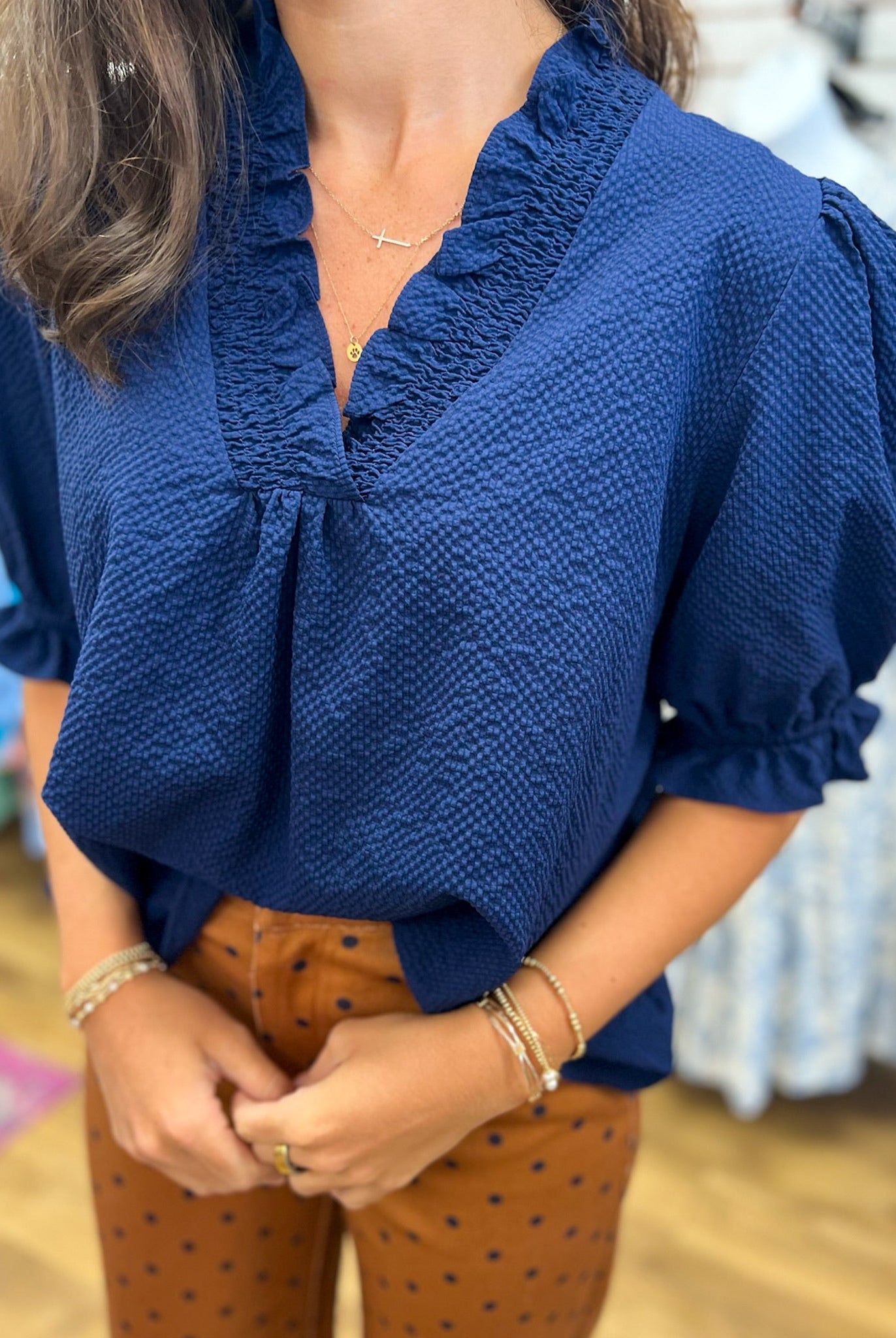 Navy Ruffle Trimmed V-Neck Top - A'Bekah's Boutique