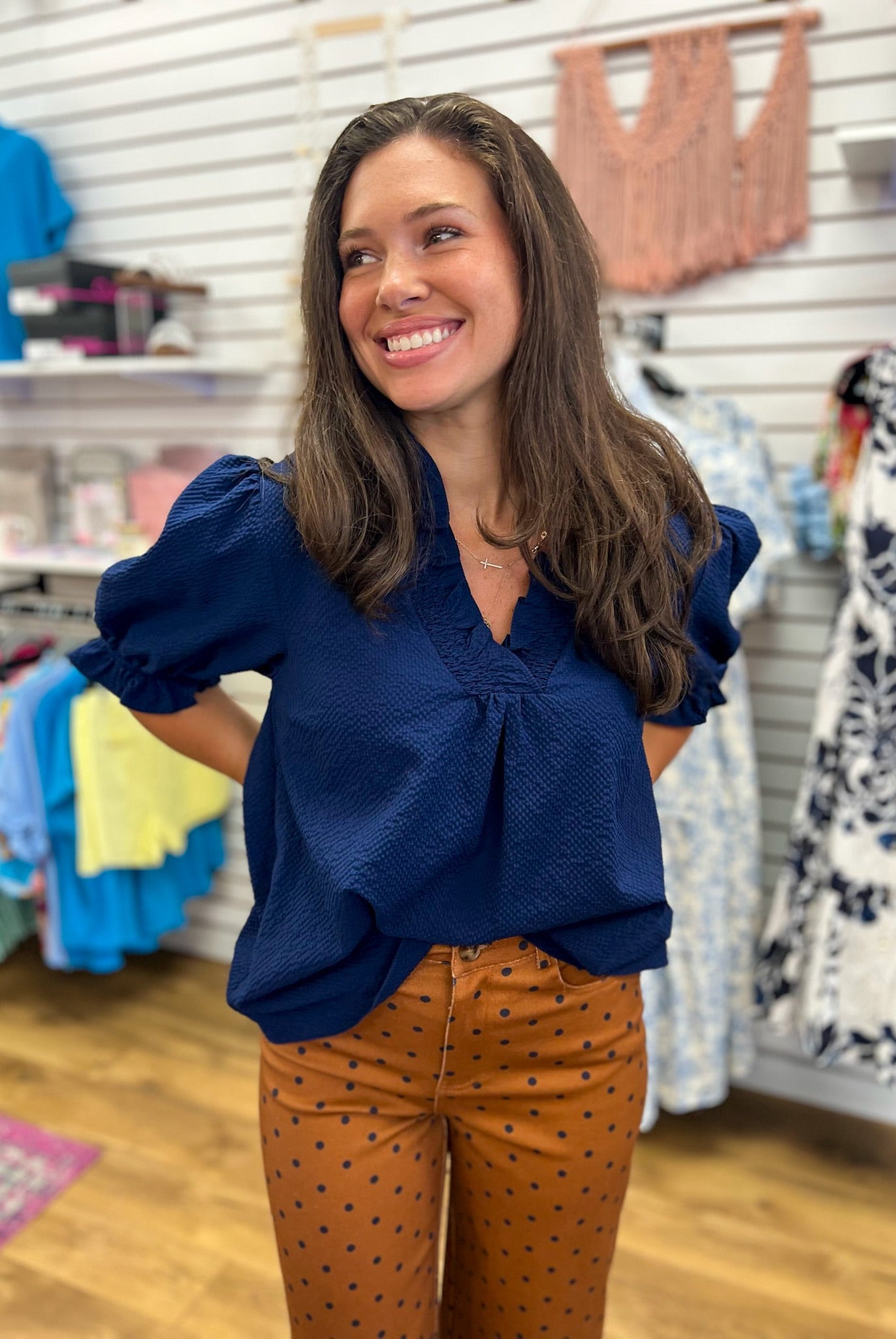 Navy Ruffle Trimmed V-Neck Top - A'Bekah's Boutique