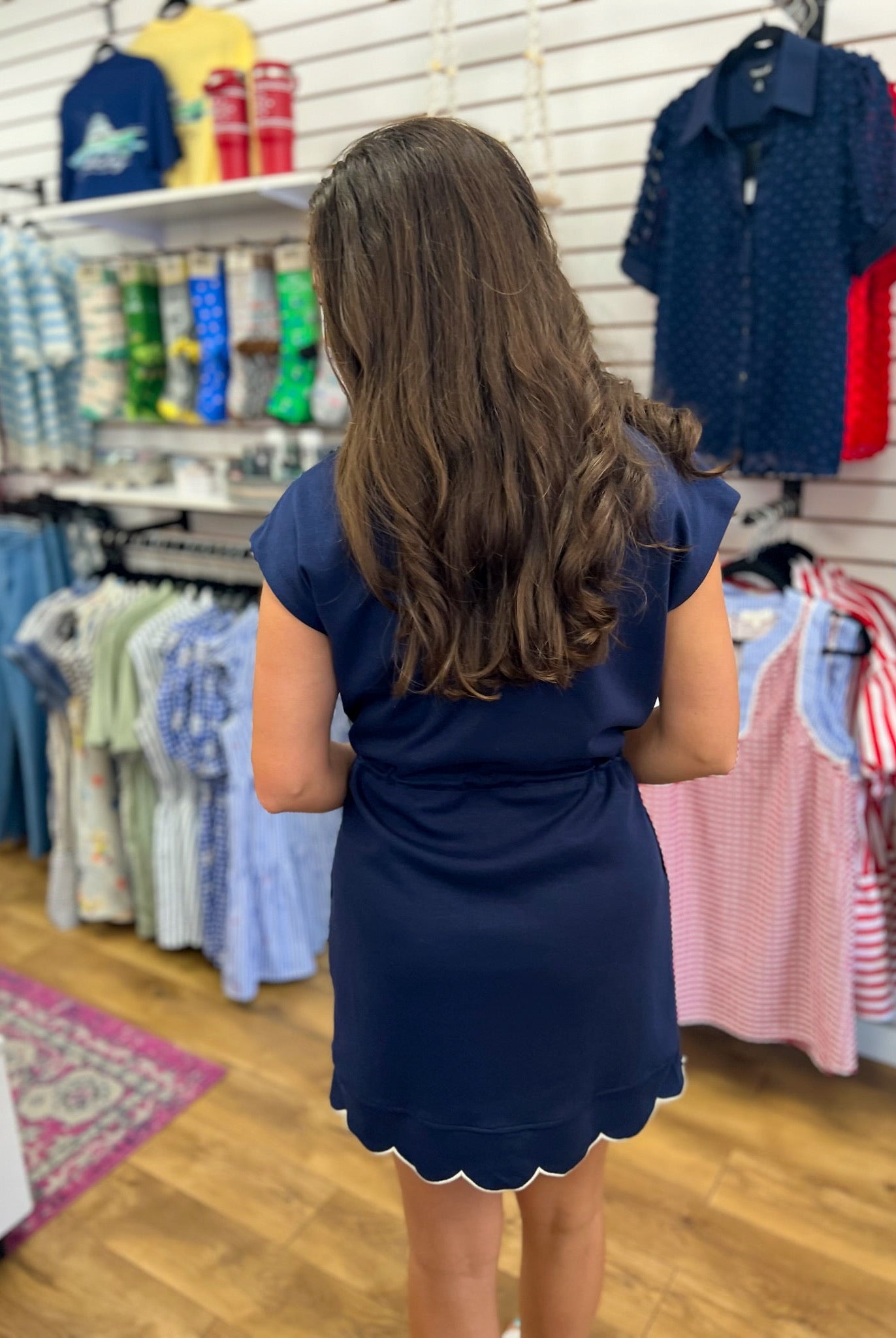 Navy Scuba Fabric Short Sleeve Dress with Drawstring Waist - A'Bekah's Boutique