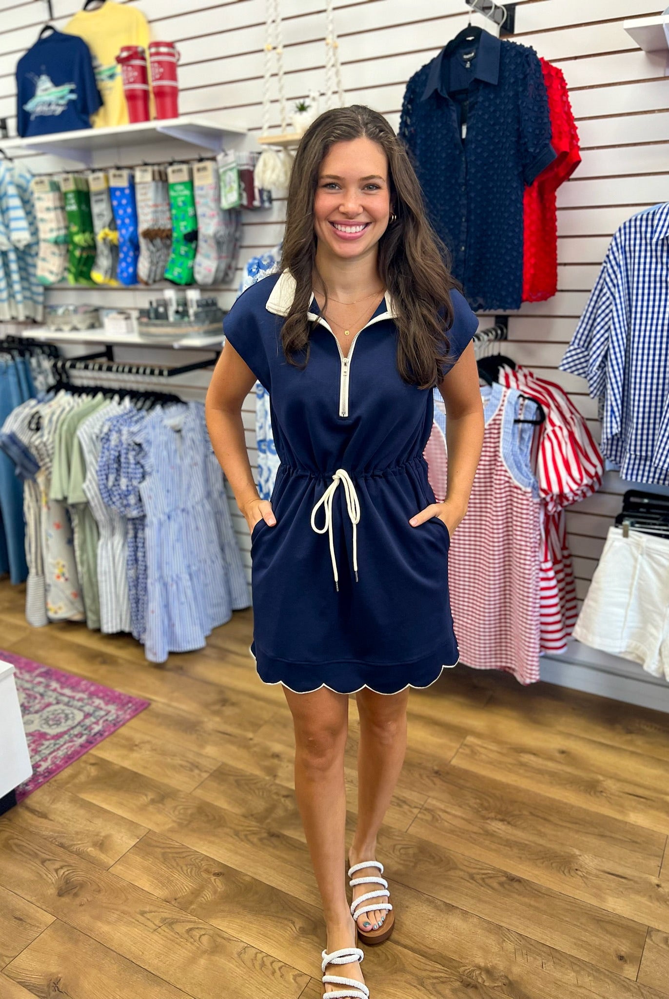 Navy Scuba Fabric Short Sleeve Dress with Drawstring Waist - A'Bekah's Boutique
