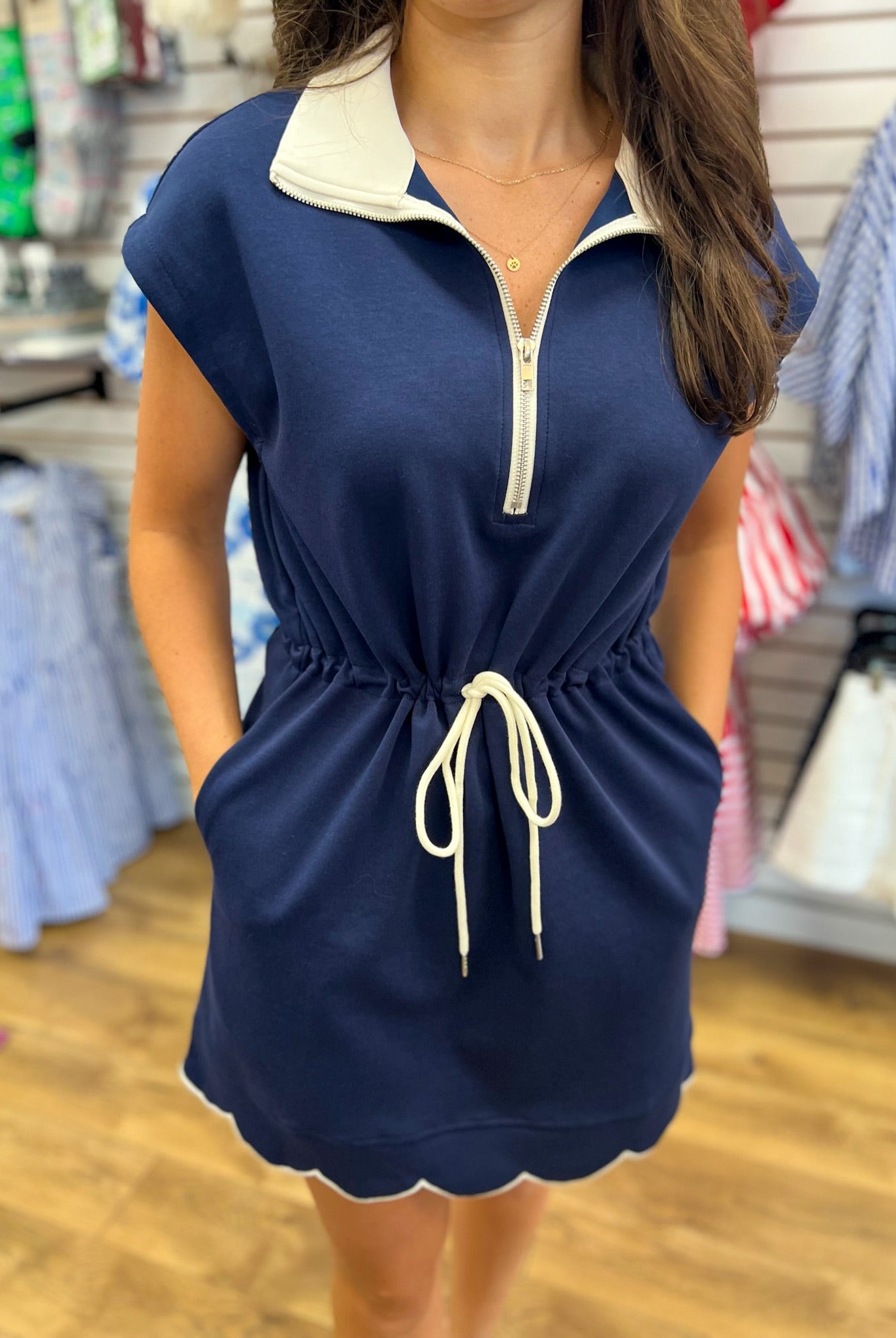Navy Scuba Fabric Short Sleeve Dress with Drawstring Waist - A'Bekah's Boutique
